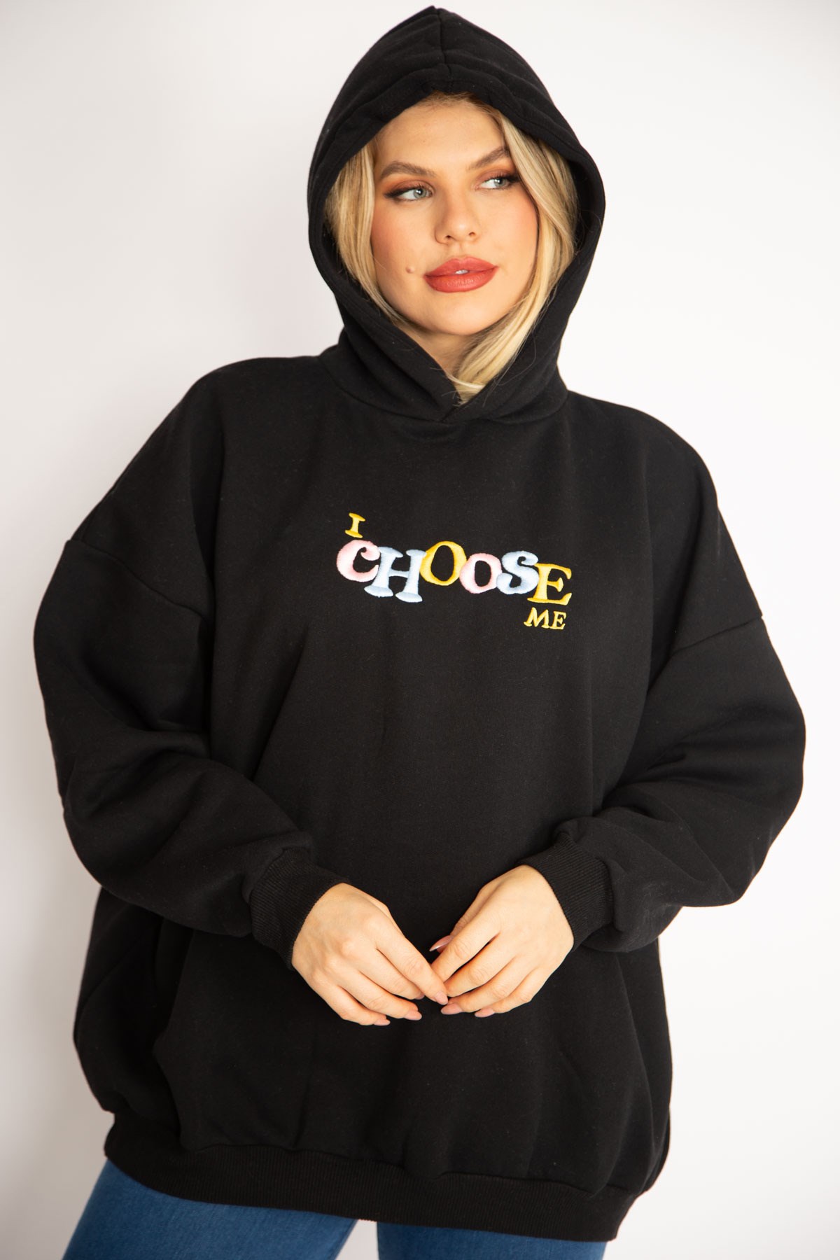 Kadın Mavi 3 İplik Polar Nakış Detaylı Kapşonlu Sweatshirt 65N35078