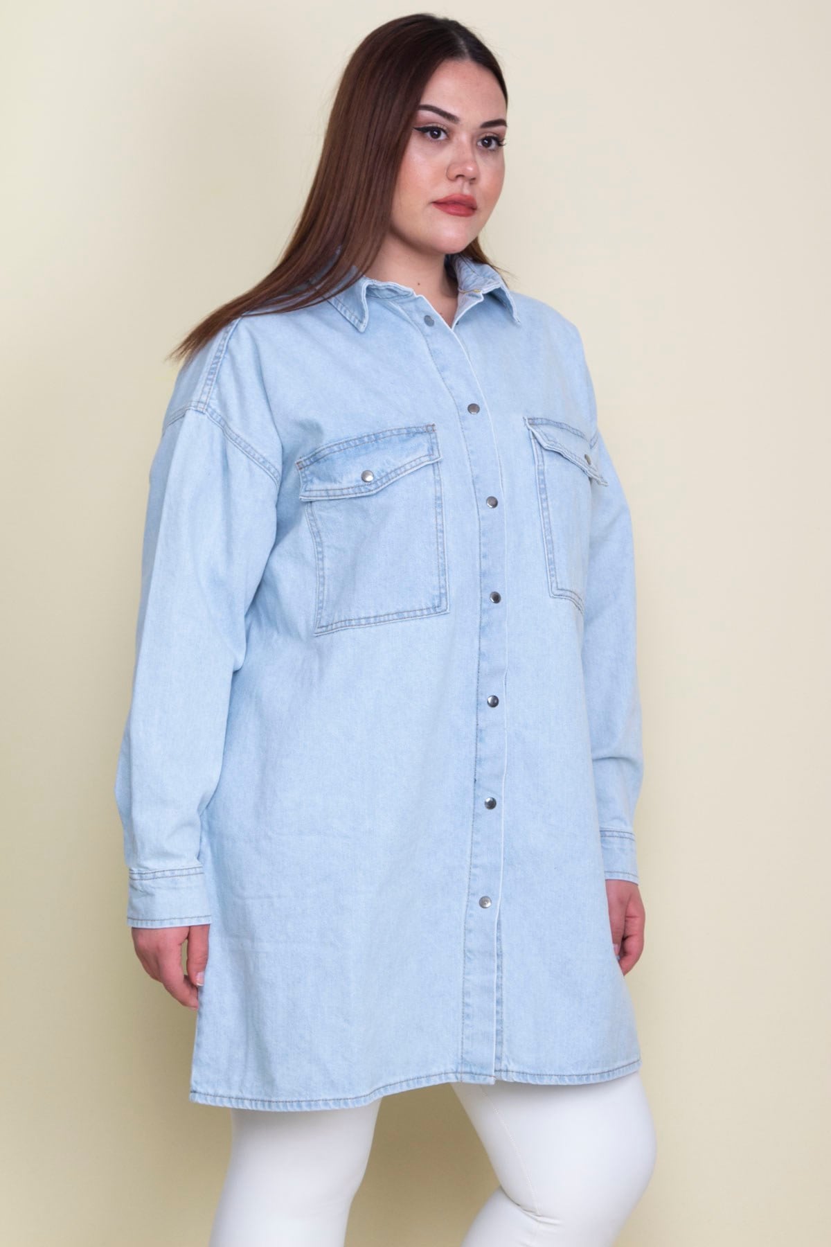Kadın Mavi Salaş Kesim Çıtçıt Düğmeli Oversize Kot Tunik Ceket 65N28048