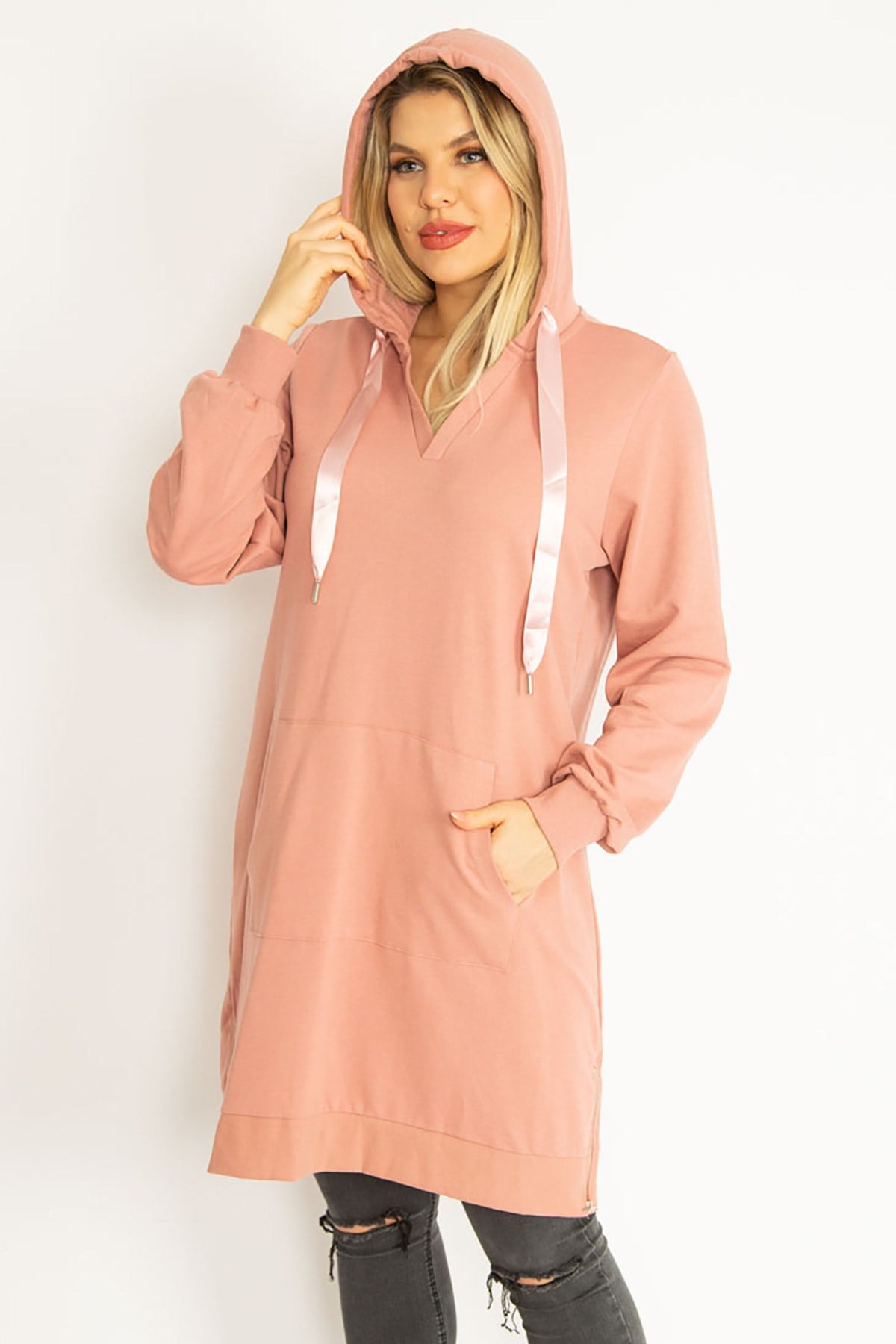Kadın Pembe Kapşonlu Kanguru Cepli Sweatshirt 65N35092