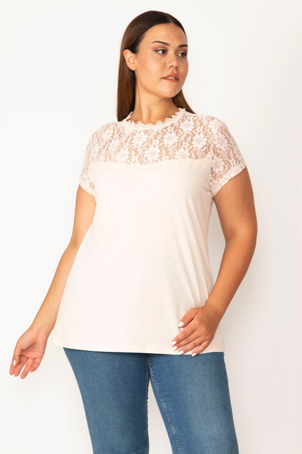Kadın Pembe Roba Ve Kolları Dantel Detaylı Bluz 65N27774