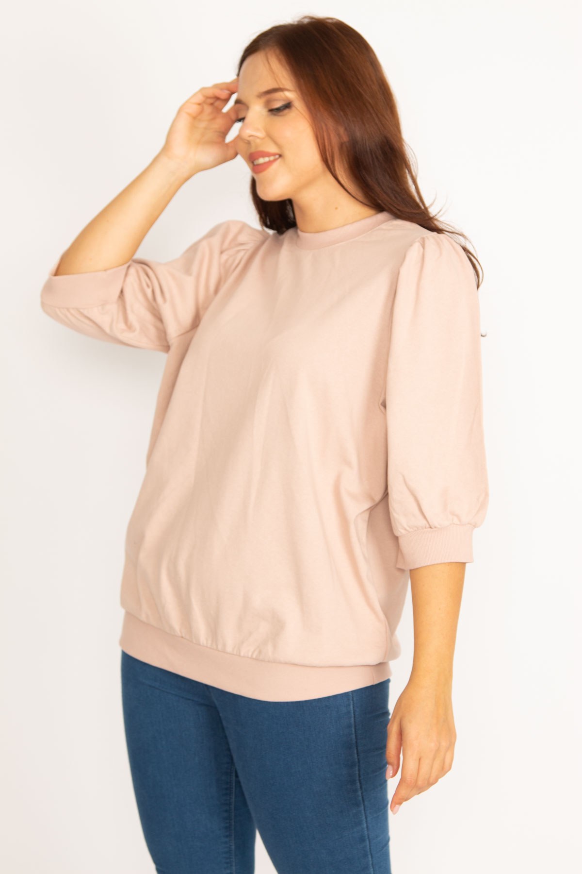 Kadın Pudra Omuz Büzgü Detaylı Kapri Kol Sweatshirt 65N34802