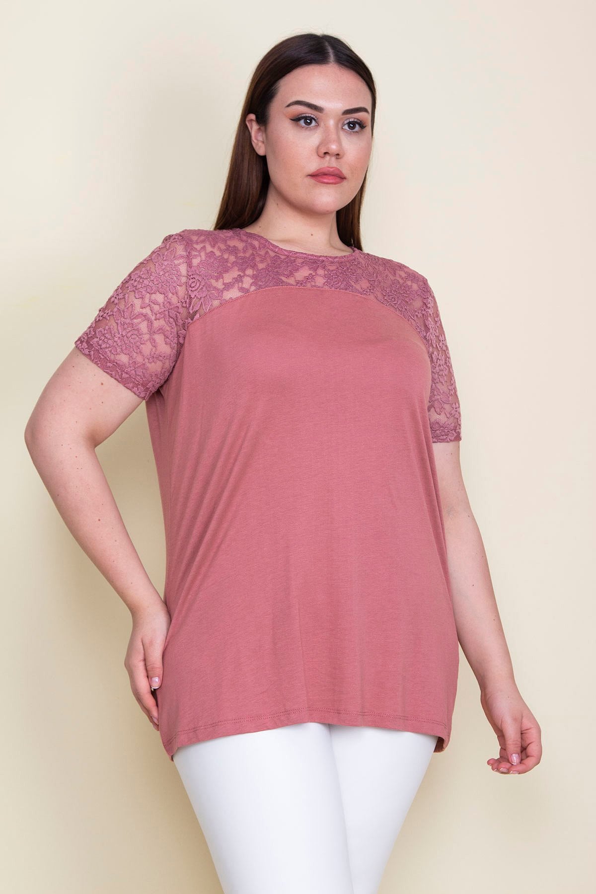 Kadın Pudra Roba Ve Kolları Dantel Detaylı Bluz 65N23574