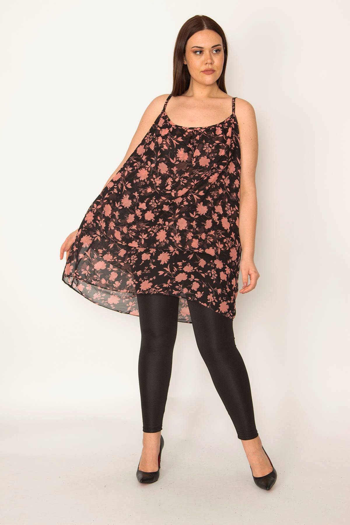 Kadın Renkli Desenli Şifon Kumaş Askılı Katlı Tunik 65N32041