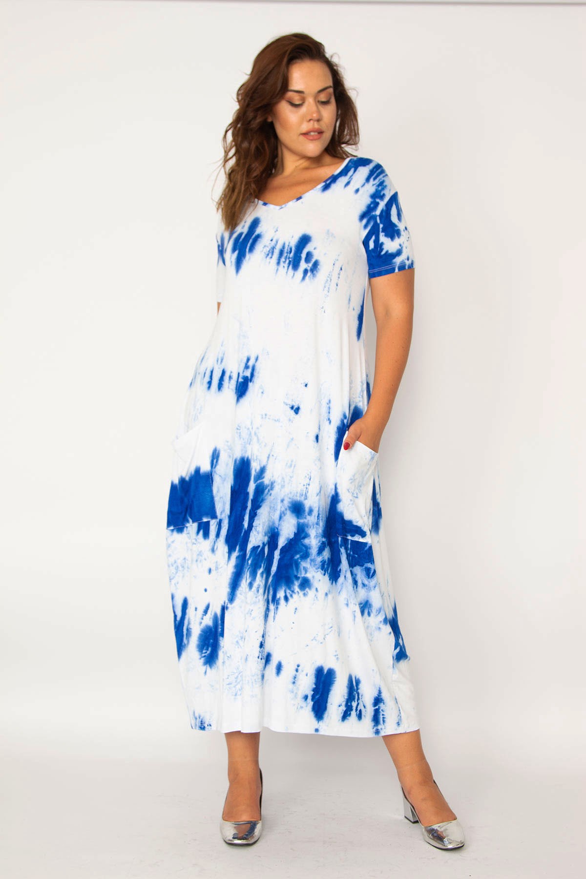 Kadın Saks Batik Desen V Yaka Cepli Elbise 65N33979