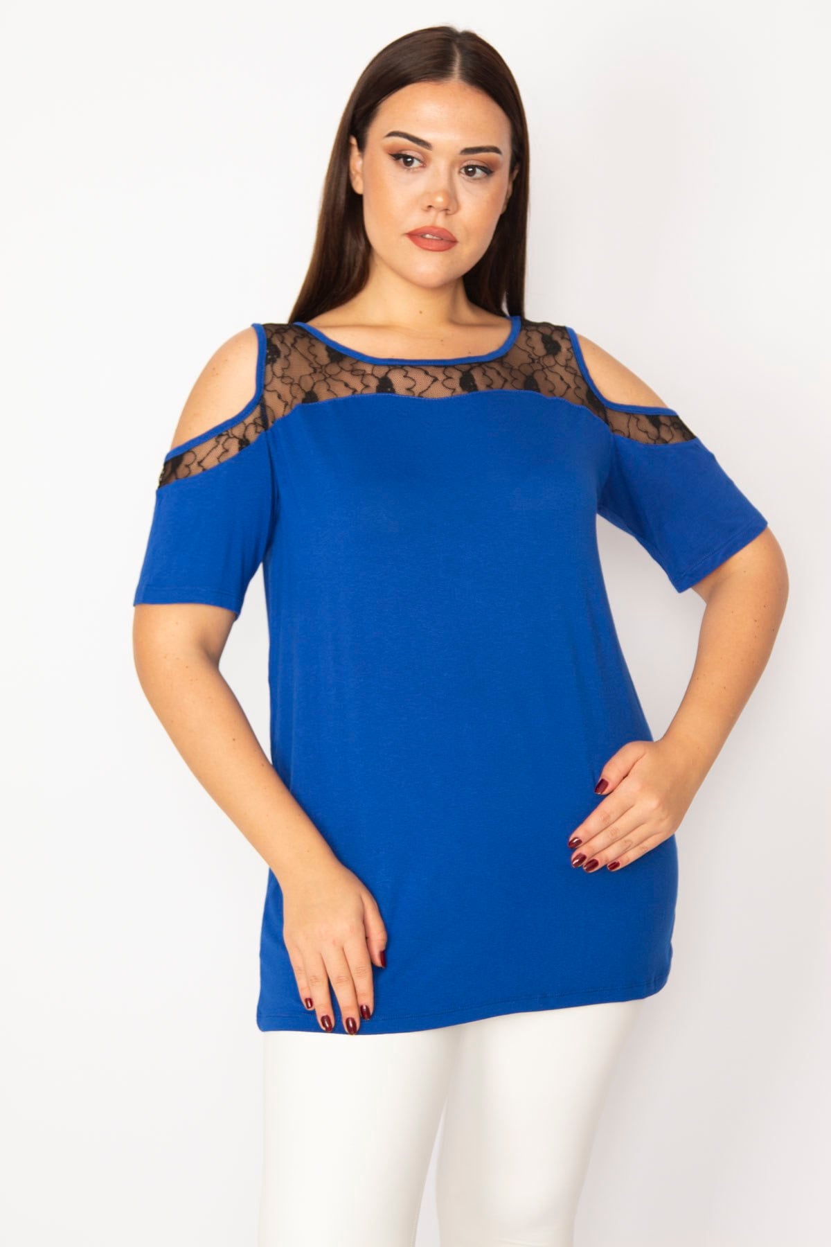 Kadın Saks Omuz Dekolteli Dantelli Bluz 65N29290