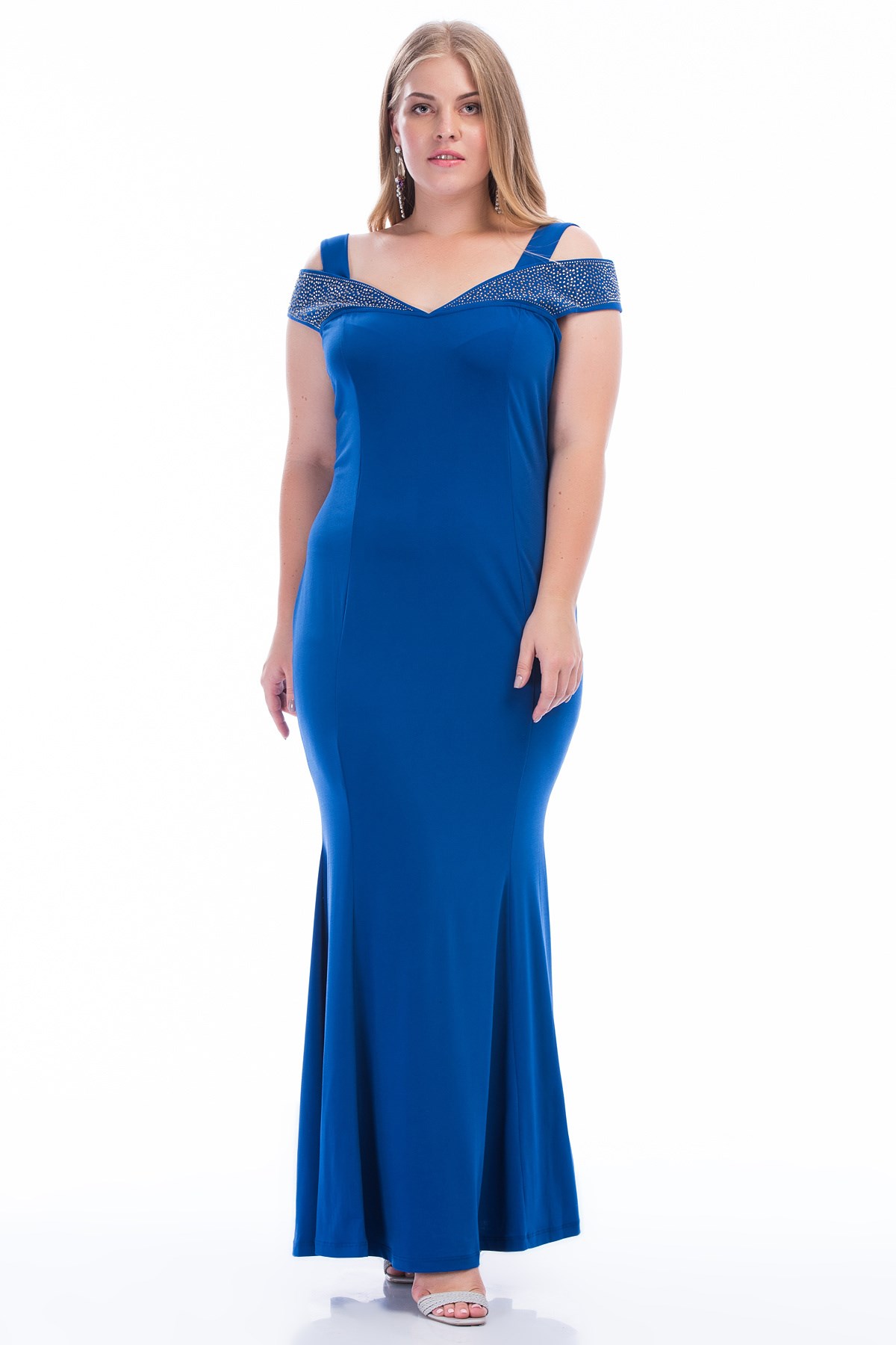 Kadın Saks Yaka Detaylı Abiye Elbise 65N32538