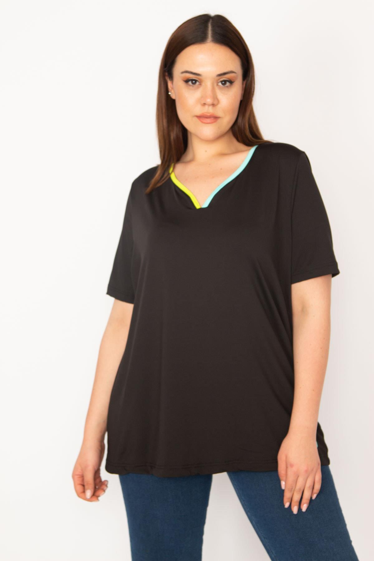 Kadın Siyah Büyük Beden Yaka Biyeli Spor Bluz 65N35618