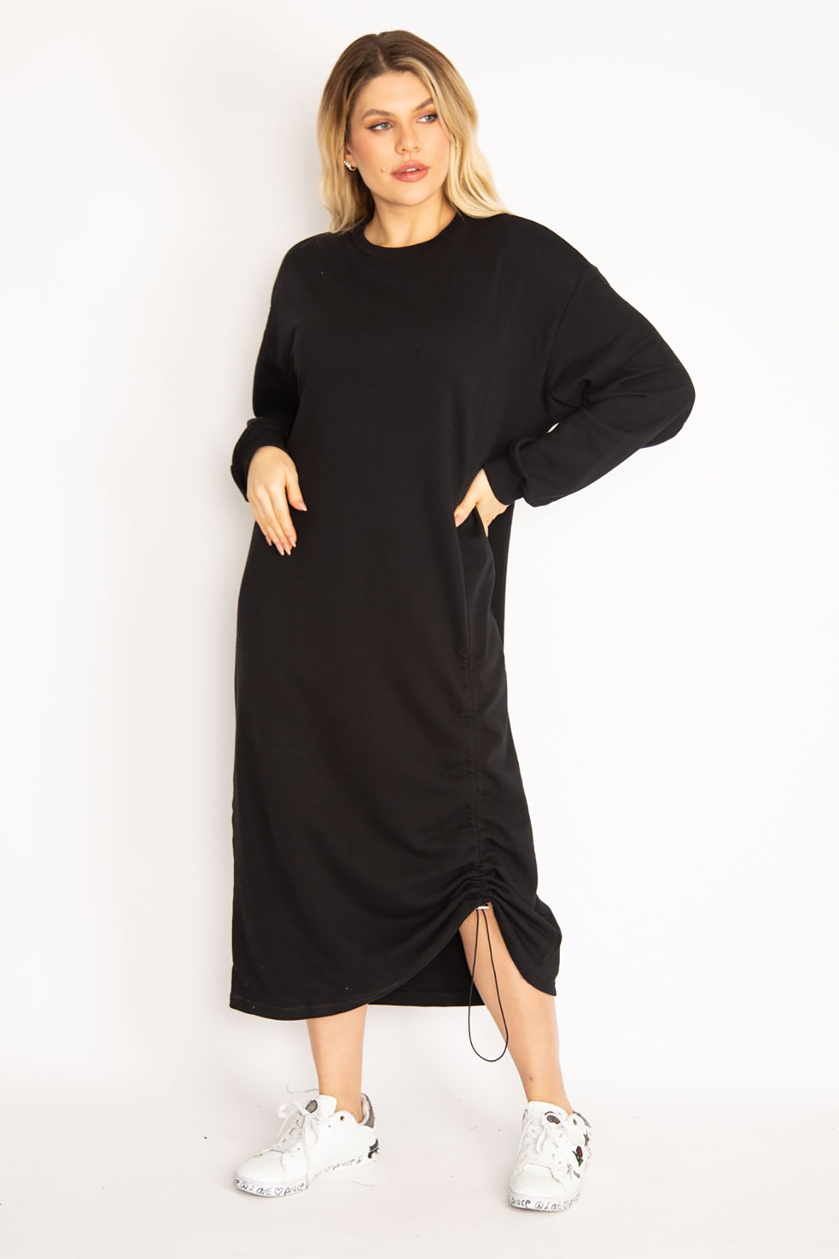 Kadın Siyah Büzgü Detaylı Sweatshirt Elbise 65N35043