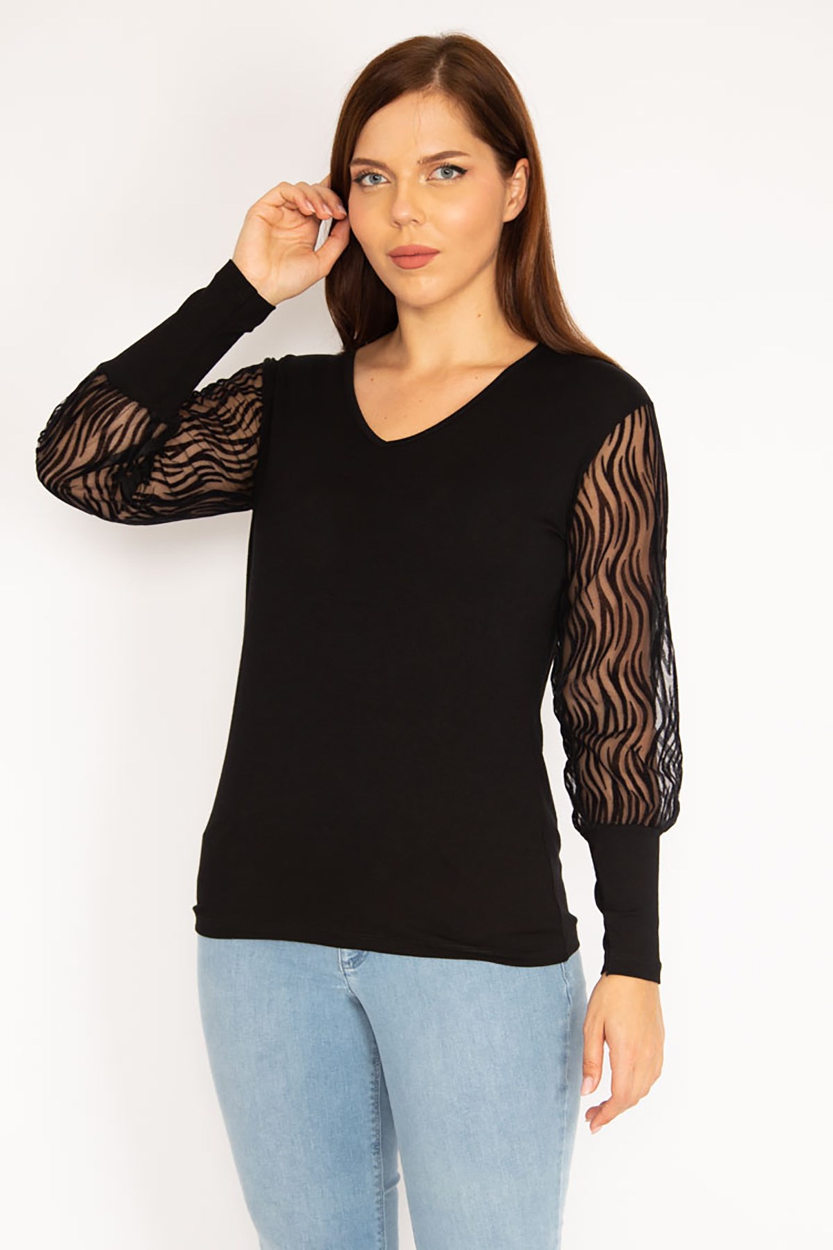Kadın Siyah Flok Detaylı Bluz 65N35329