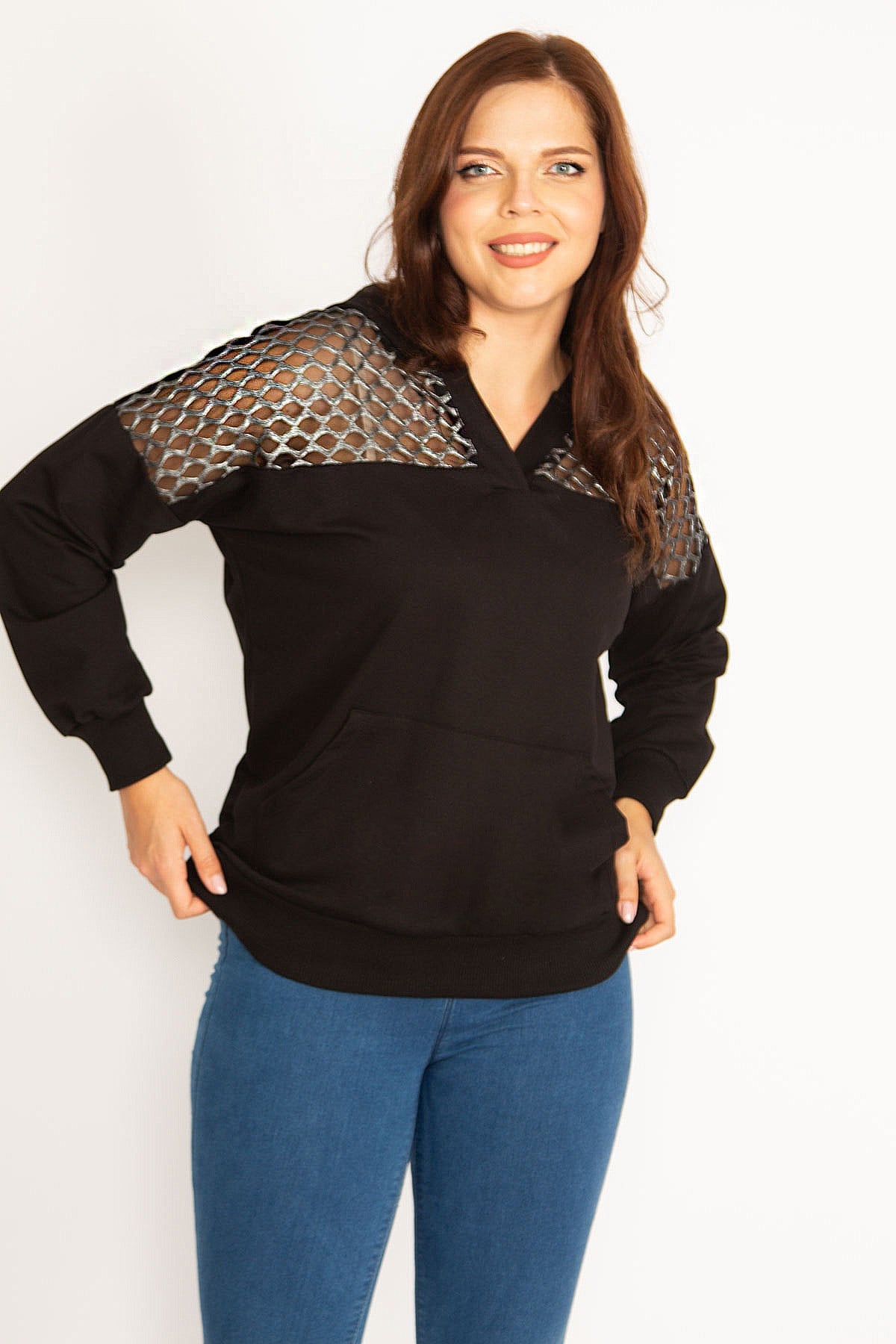 Kadın Siyah Robası Lak Fileli Kapşonlu Sweatshirt 65N34747