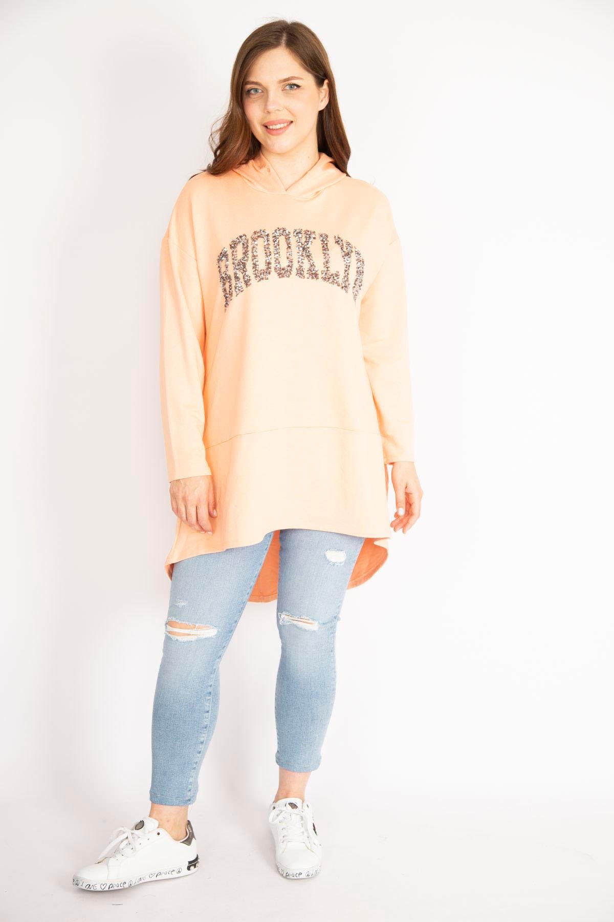 Kadın Somon Büyük Beden Payet Detaylı Kapşonlu Arkası Uzun Sweatshirt
