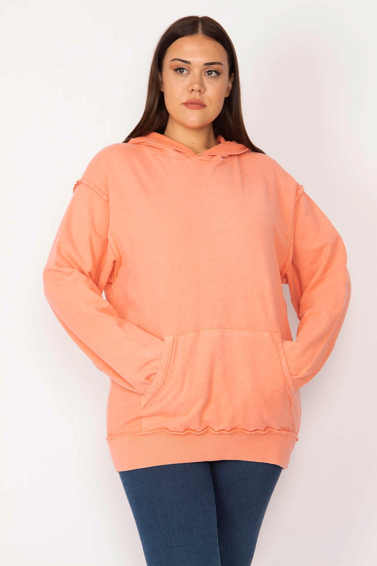 Kadın Turuncu Kapşonlu Kanguru Cepli Sweatshirt 65N29634