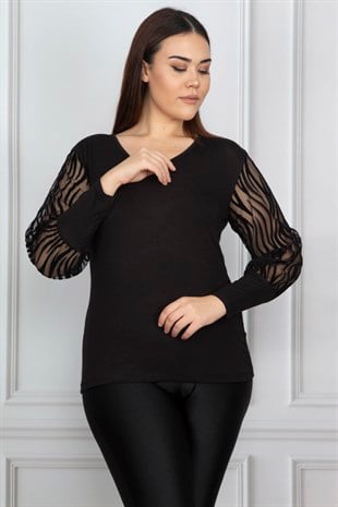 Kadın Büyük Beden Siyah Kolu Flok Tül Bluz 65N17976
