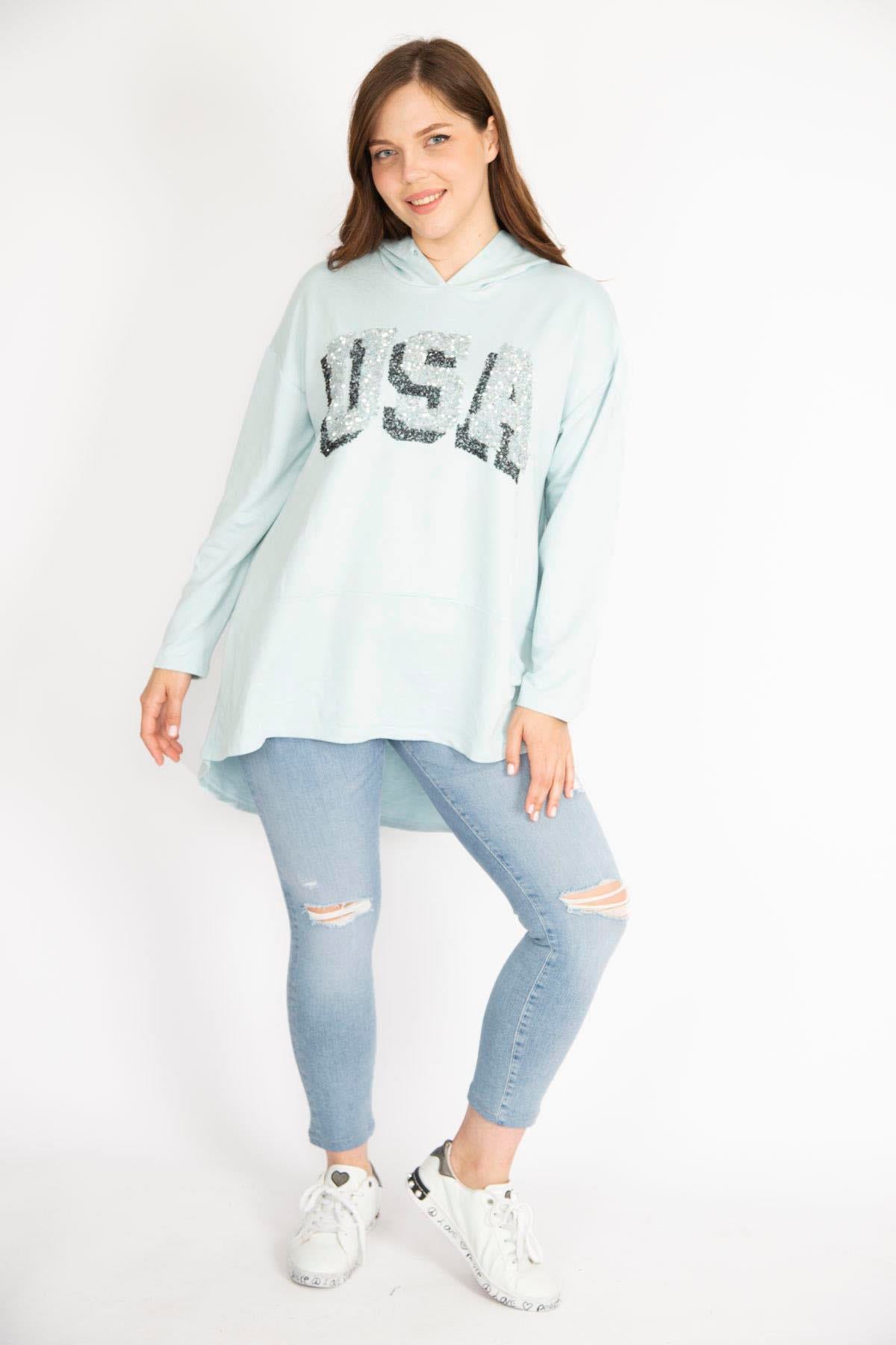 Kadın Bebe Mavisi Büyük Beden Payet Detaylı Kapşonlu Arkası Uzun Sweatshirt