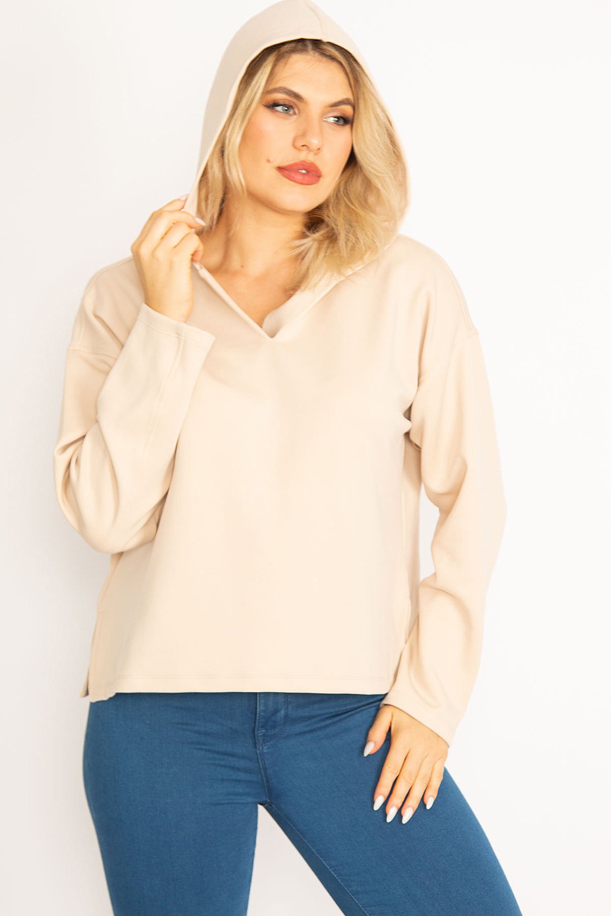 Kadın Bej Kapşonlu Yan Yırtmaçlı Likralı Sweatshirt 65N34750