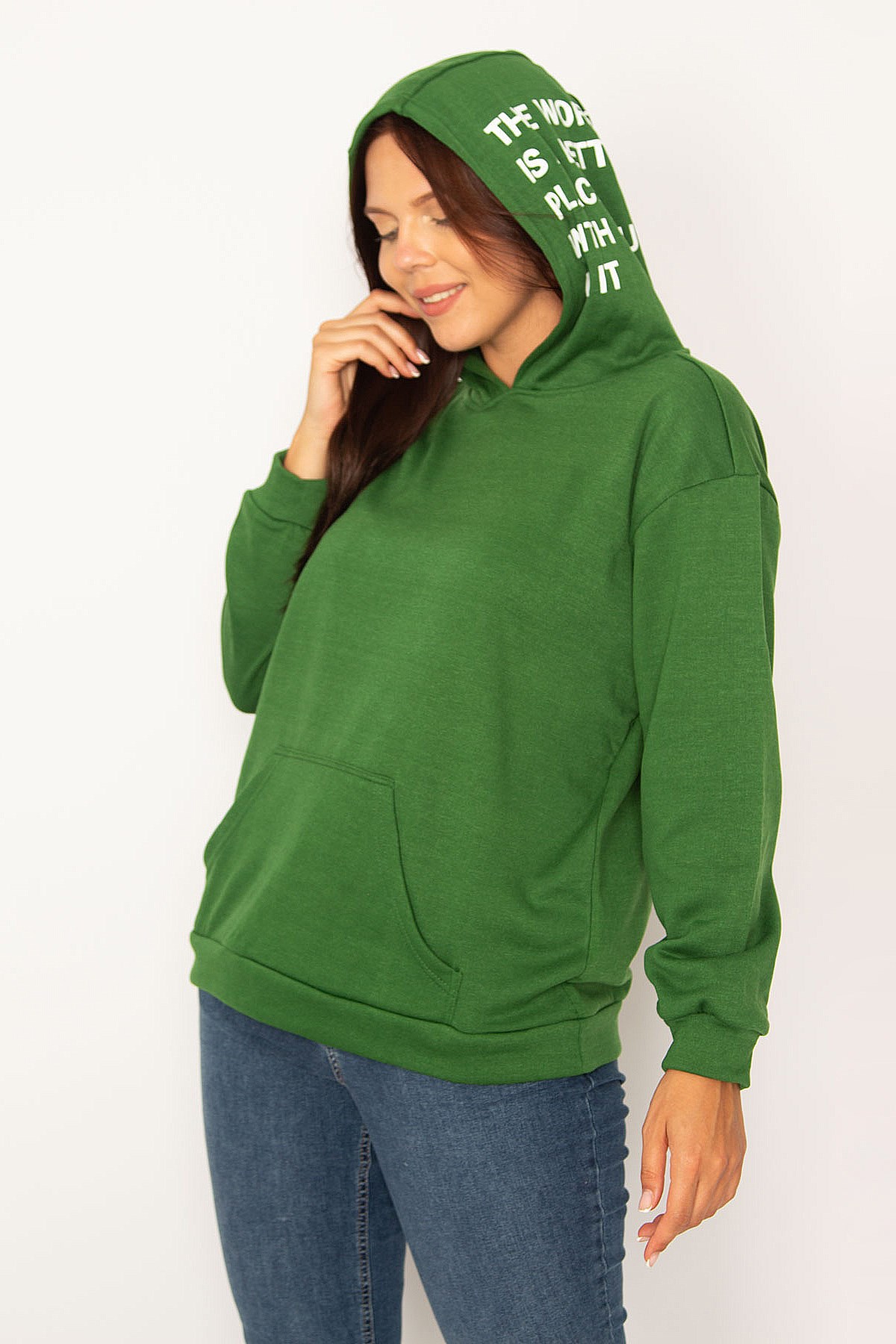 Kadın Beyaz Kapşonlu Kanguru Cepli İçi Şardonlu Polar Sweatshirt 65N34583