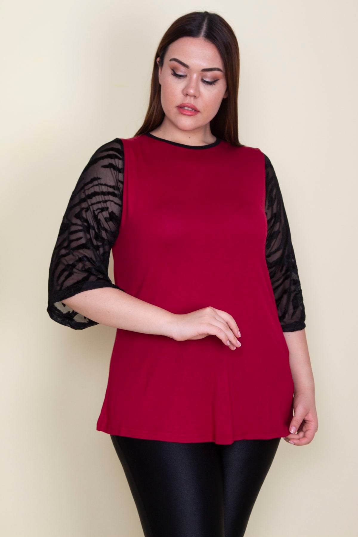 Kadın Bordo Kolları Flok Tül Detaylı Viskon Bluz 65N25580