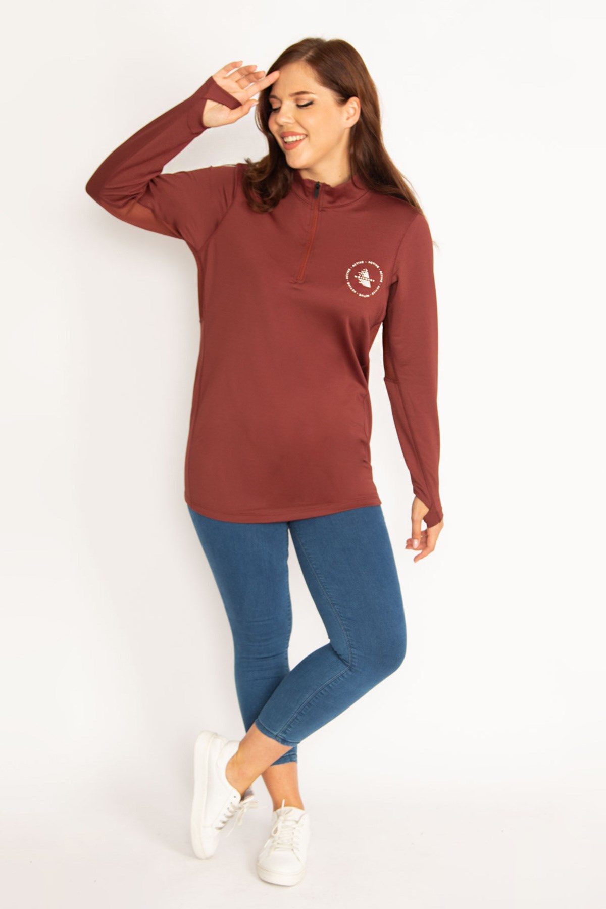 Kadın Bordo Ön Pat Fermuarlı Kol Altı Tül Detaylı Spor Sweatshirt 65N34762