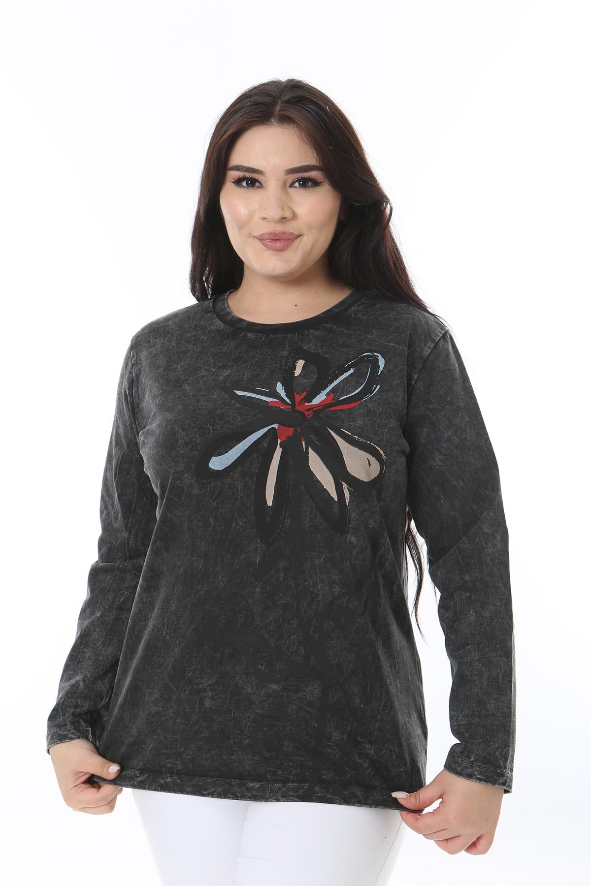Kadın Büyük Beden Antrasit Yıkama Efektli Baskılı Sweatshirt 65N38631