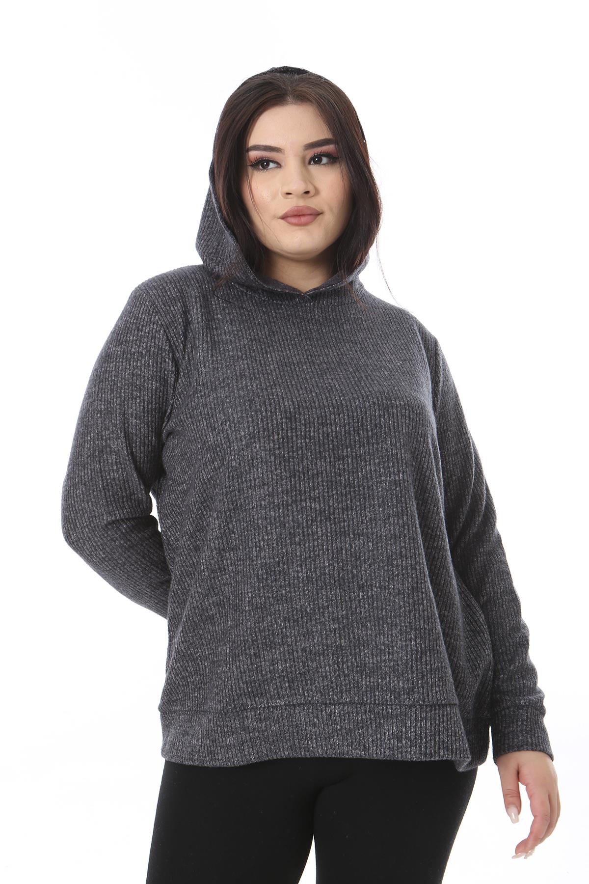 Kadın Büyük Beden Antrasit Yün Viskon Kumaş Kapşonlu Sweatshirt 65N38520