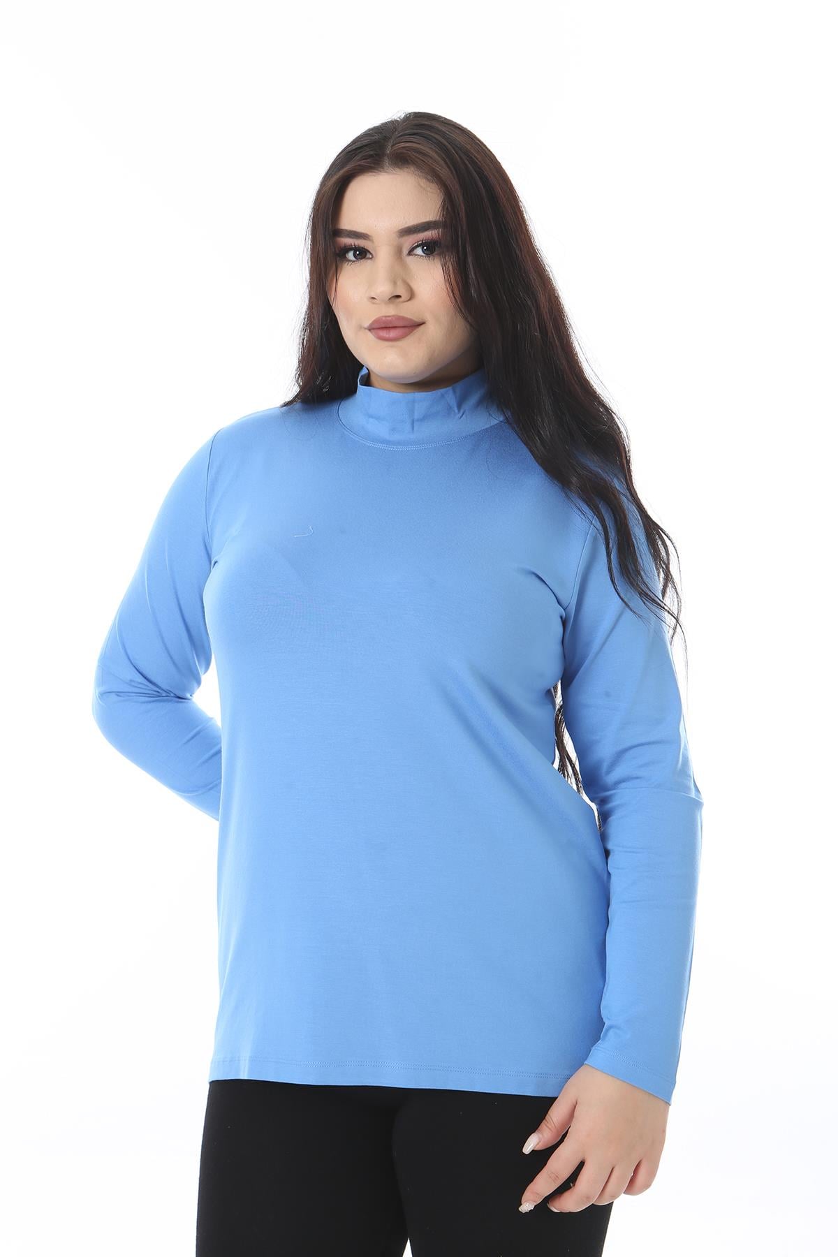 Kadın Büyük Beden Bebe Mavisi Dik Yakalı Uzun Kollu Bluz 65N38540