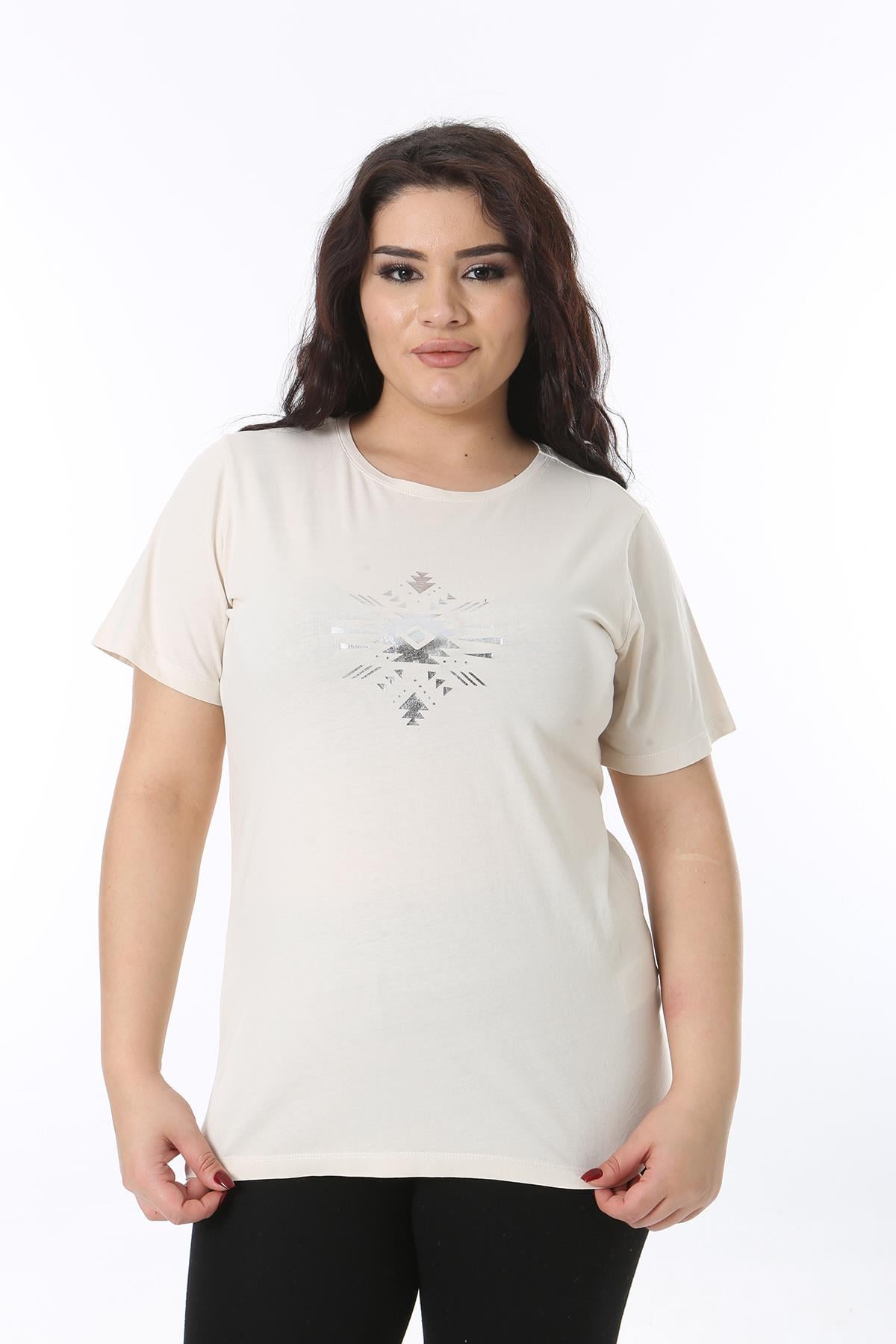 Kadın Büyük Beden Bej Pamuk Kumaş Lak Baskılı Bisiklet Yakalı Kısa Kollu Bluz 65N38755