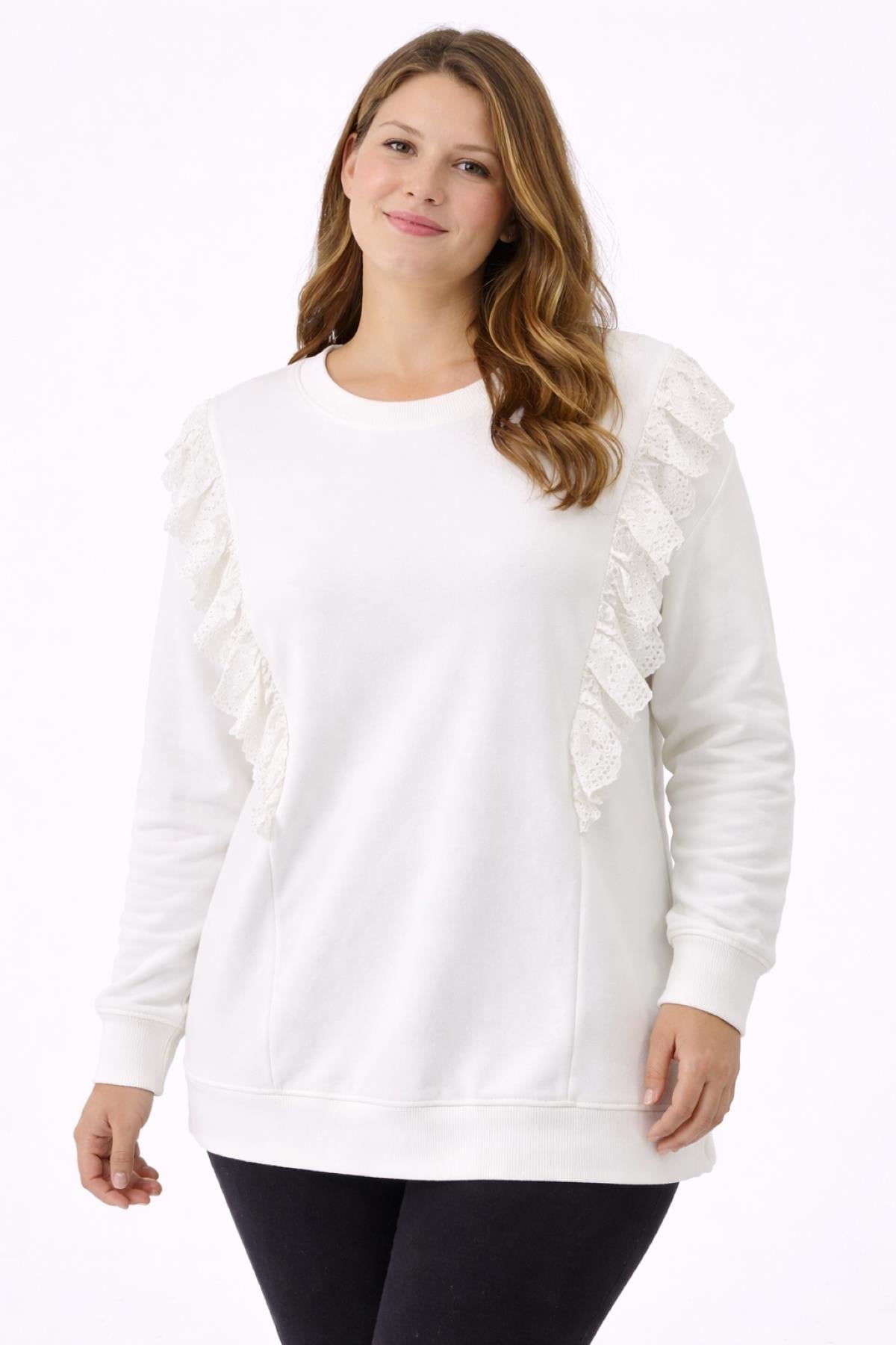 Kadın Büyük Beden Beyaz, Dantel Detaylı Sweatshirt 65N39280