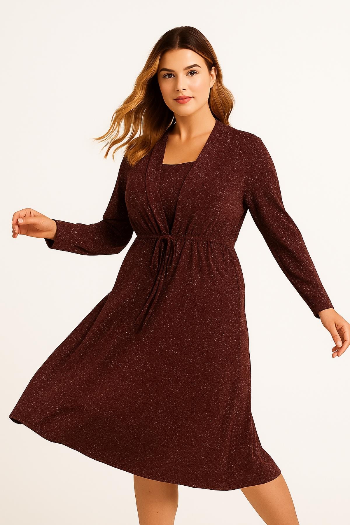 Kadın Büyük Beden Bordo, Bel Bağcıklı Viskon Elbise 65N39246