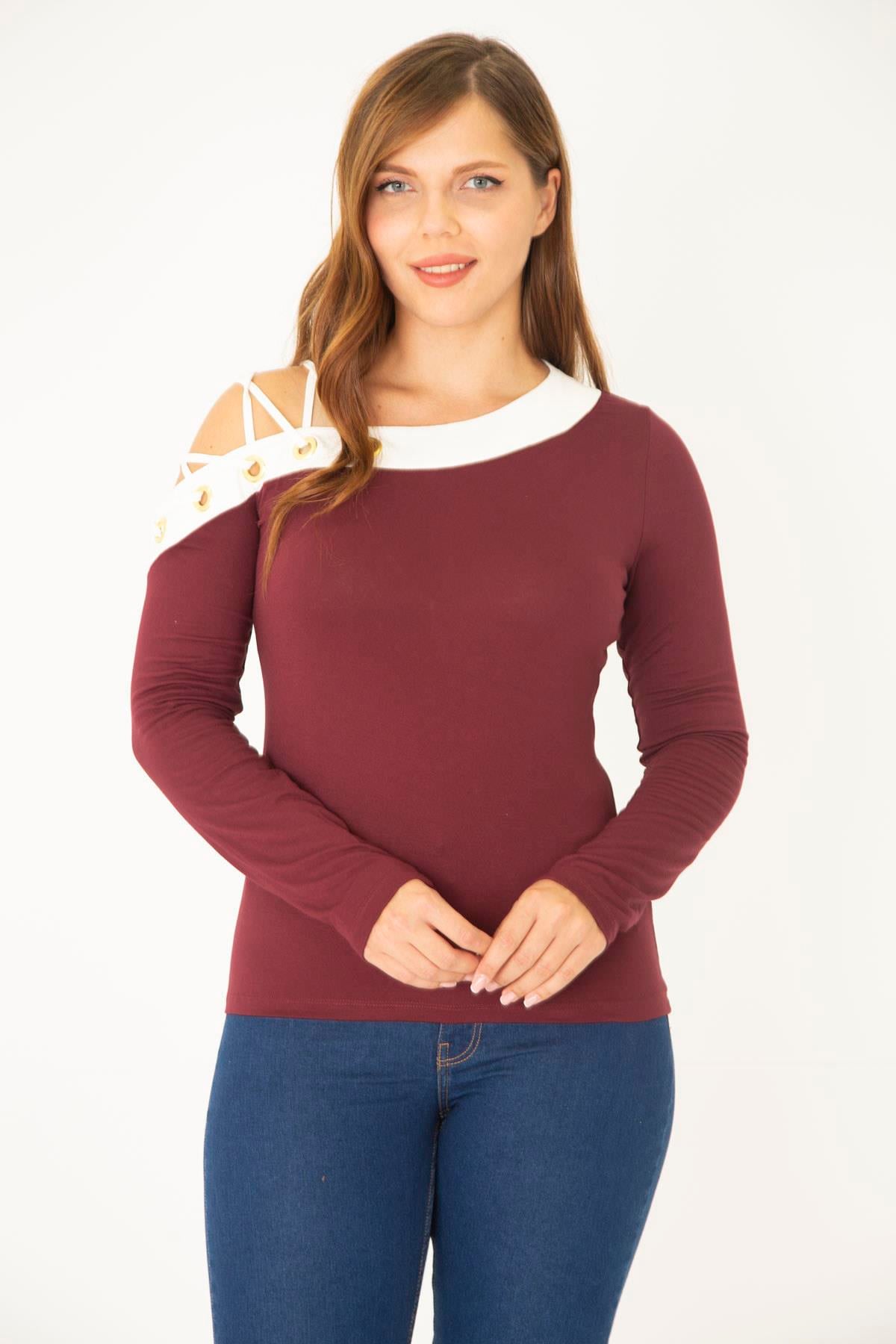 Kadın Büyük Beden Bordo Kuşgözü Ve Biye Detaylı Bluz 65N36965