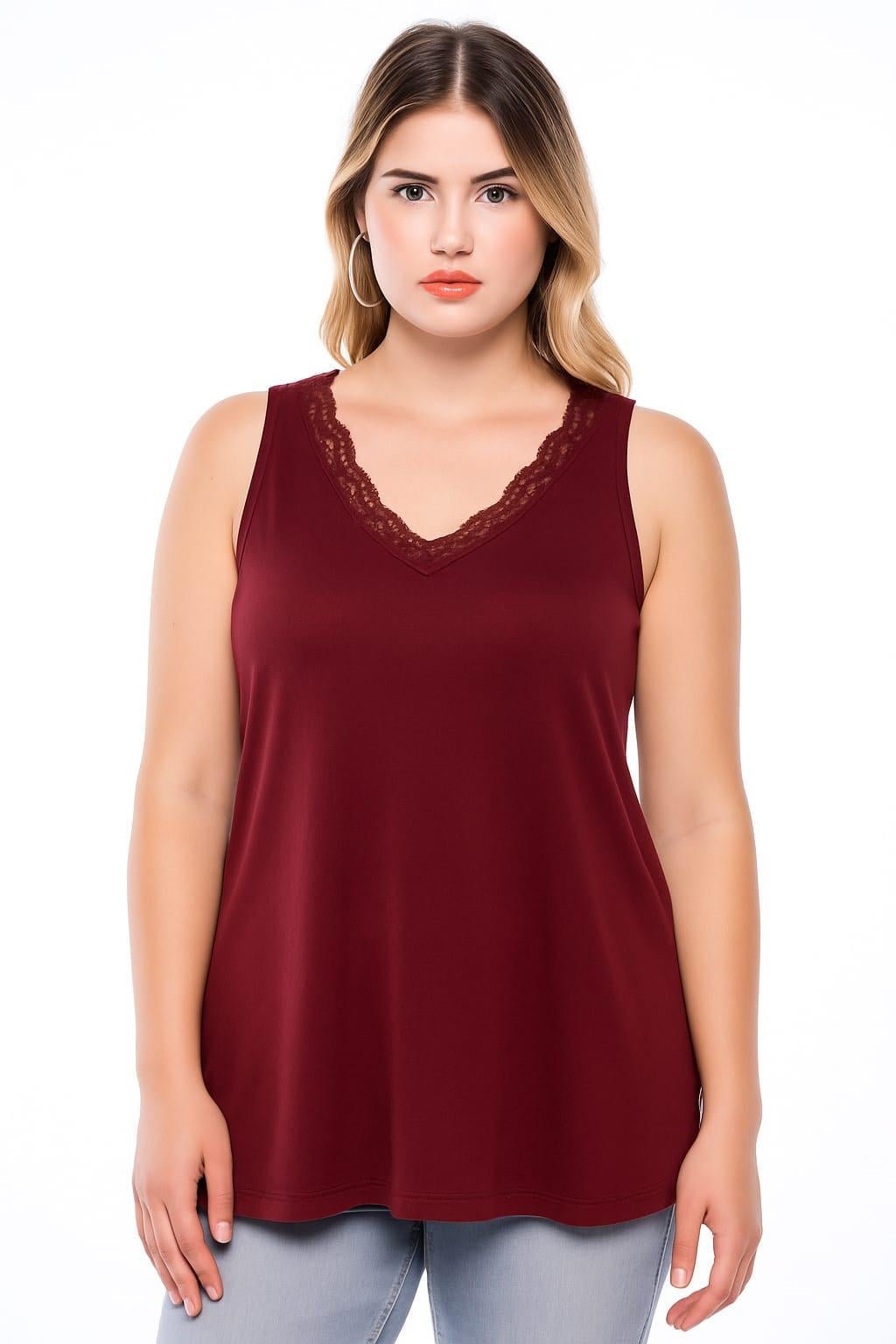Kadın Büyük Beden Bordo, Ön Arka Dantel Detaylı Kolsuz Viskon Bluz 65N39138