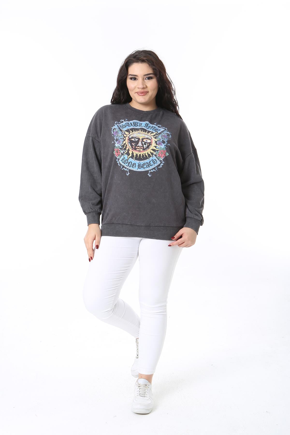 Kadın Büyük Beden Füme Ön Baskılı Sweatshirt 65N38616