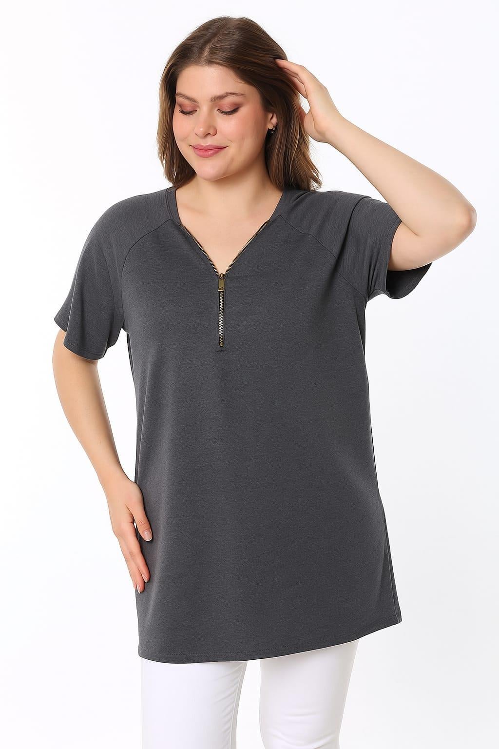 Kadın Büyük Beden Füme, Reglan Kol, Ön Fermuar Detaylı Viskon Bluz 65N39136