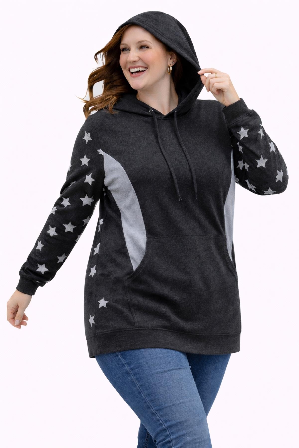 Kadın Büyük Beden Füme, Yıldız Desenli Kanguru Cep Kapüşonlu Sweatshirt 65N39298