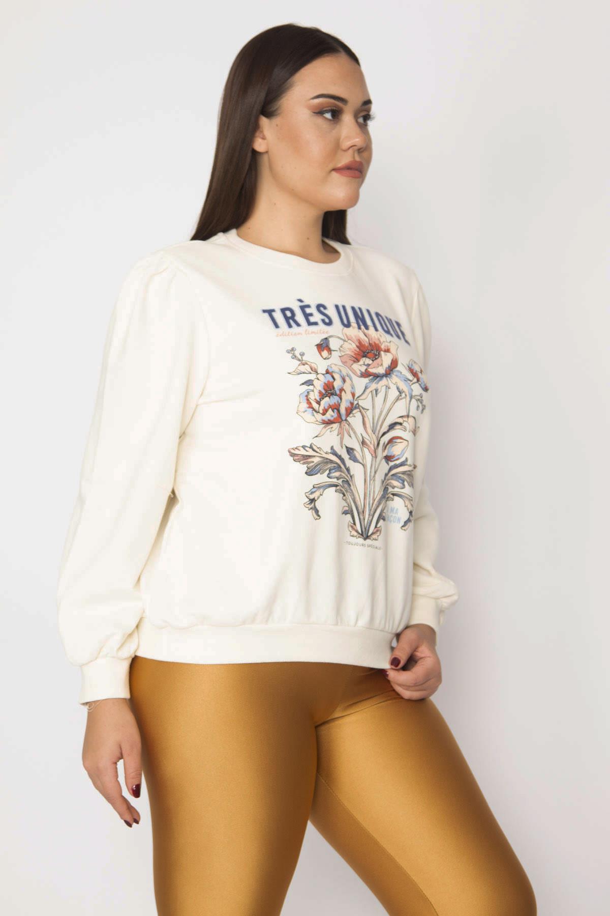 Kadın Büyük Beden Gri 3 İplik Kalın Ön Baskılı Omuz Büzgülü Ribanalı Sweatshirt 65N37105