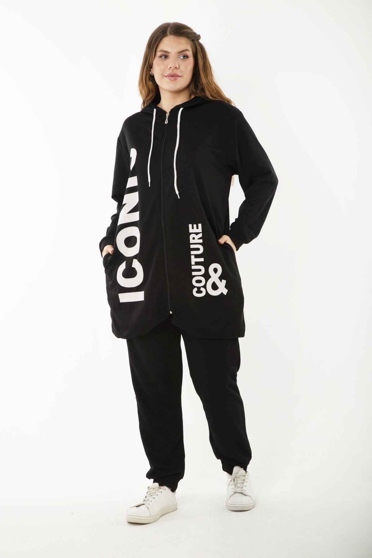 Kadın Büyük Beden Gri Baskı Ve Fermuar Detaylı Kapşonlu Sweatshirt Pantolon Takım 65N37128