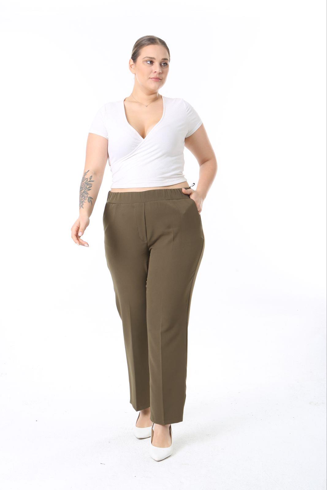 Kadın Büyük Beden Haki Bel Komple Lastik Cepli Kumaş Pantolon 65N38733