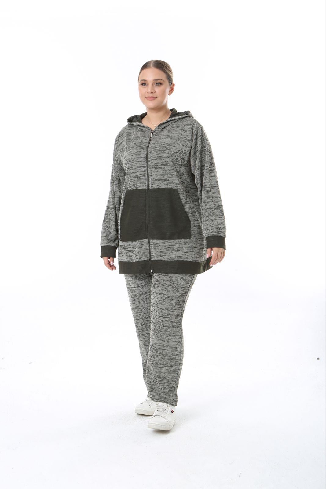 Kadın Büyük Beden Haki Selanik Çelik Örme Kapüşonlu Eşofman Takım 65N38326