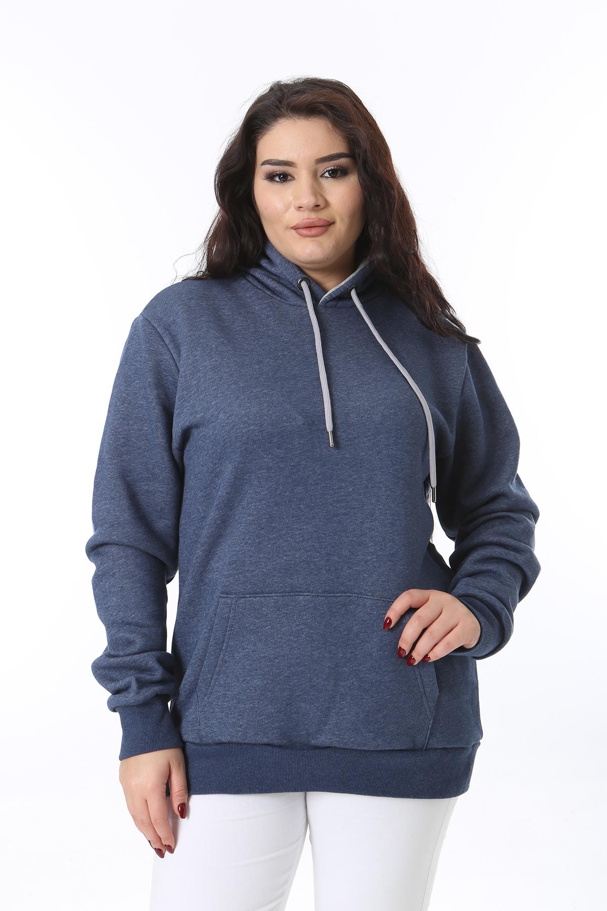 Kadın Büyük Beden İndigo 3 İplik İçi Şardonlu Kanguru Cepli Kapşonlu Sweatshirt 65N38618