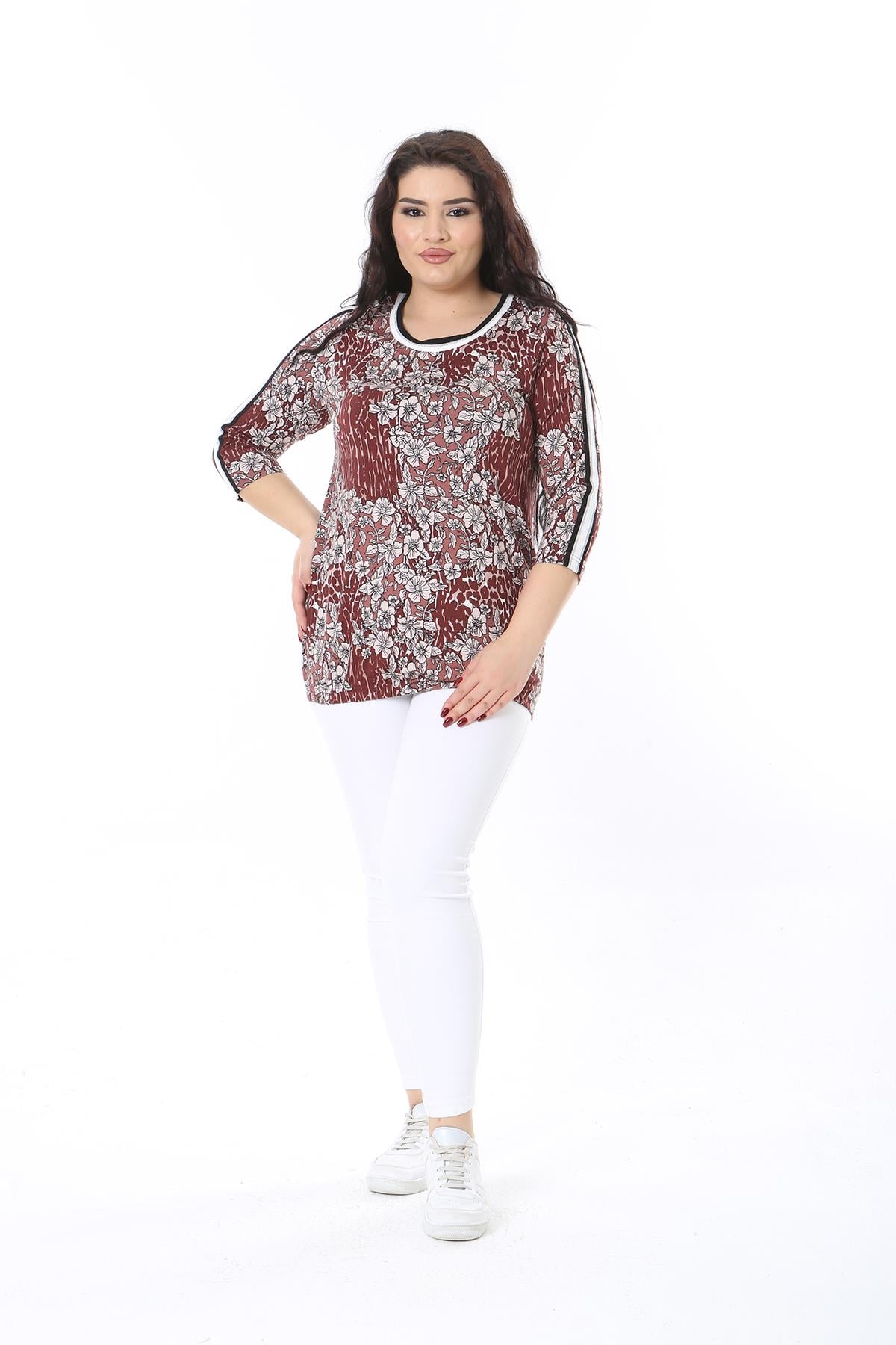 Kadın Büyük Beden Kahve Yaka Ve Kolu Sim Ribanalı Etek Ucu Lastikli Bluz 65N38649