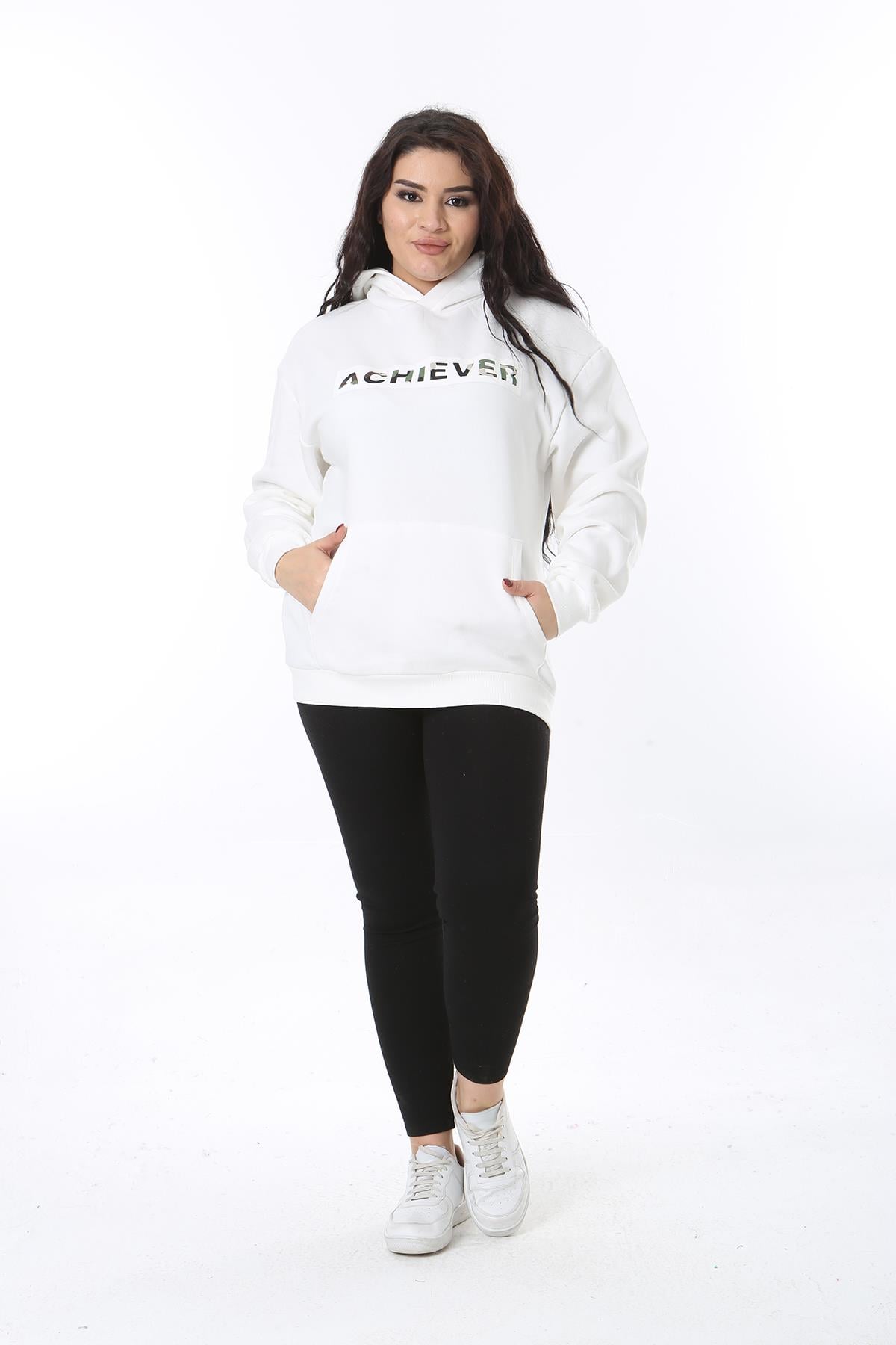 Kadın Büyük Beden Kemik 3 İplik İçi Şardonlu Kanguru Cepli Kapşonlu Sweatshirt 65N38611