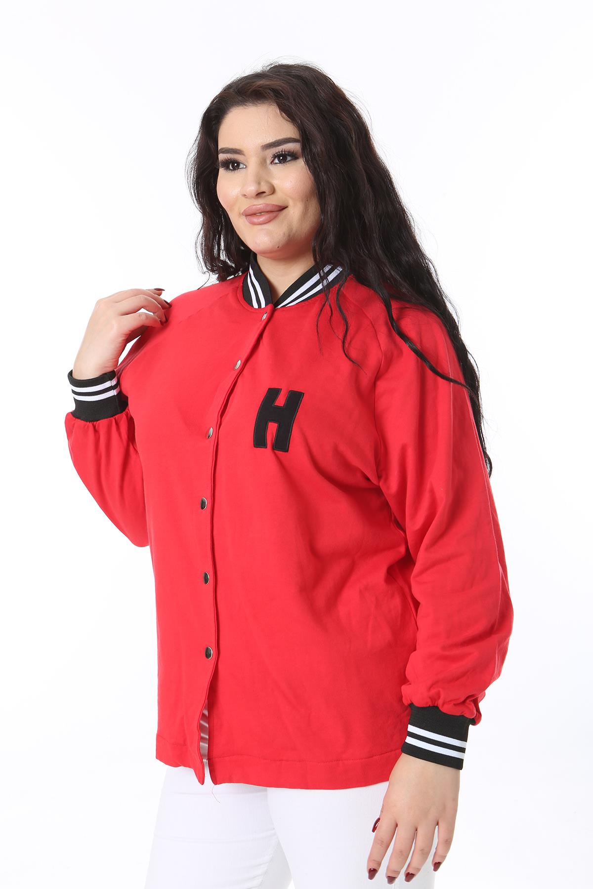 Kadın Büyük Beden Kırmızı Çıtçıt Düğmeli Ribanalı Sweatshirt 65N38615