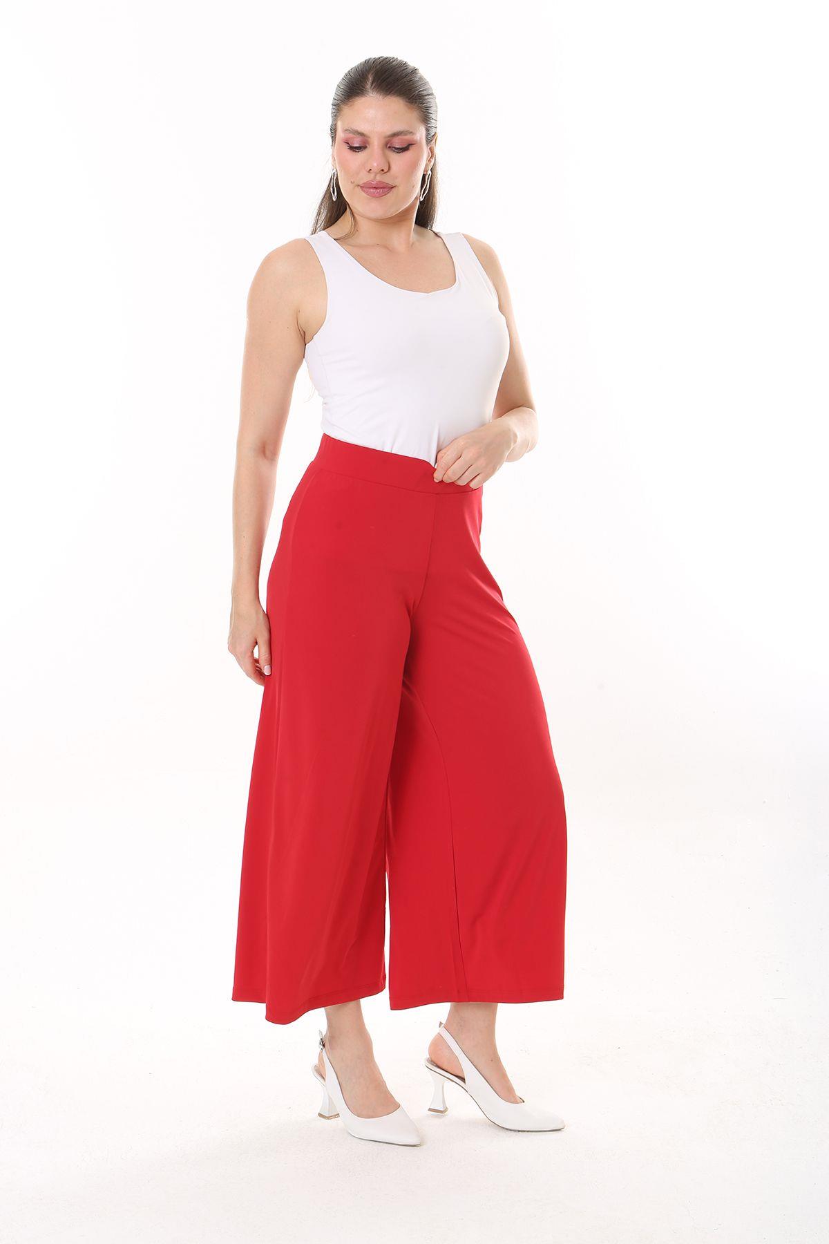 Kadın Büyük Beden Kırmızı Geniş Paçalı Beli Lastikli Likralı Sandy Kumaş Pantolon 65n37443