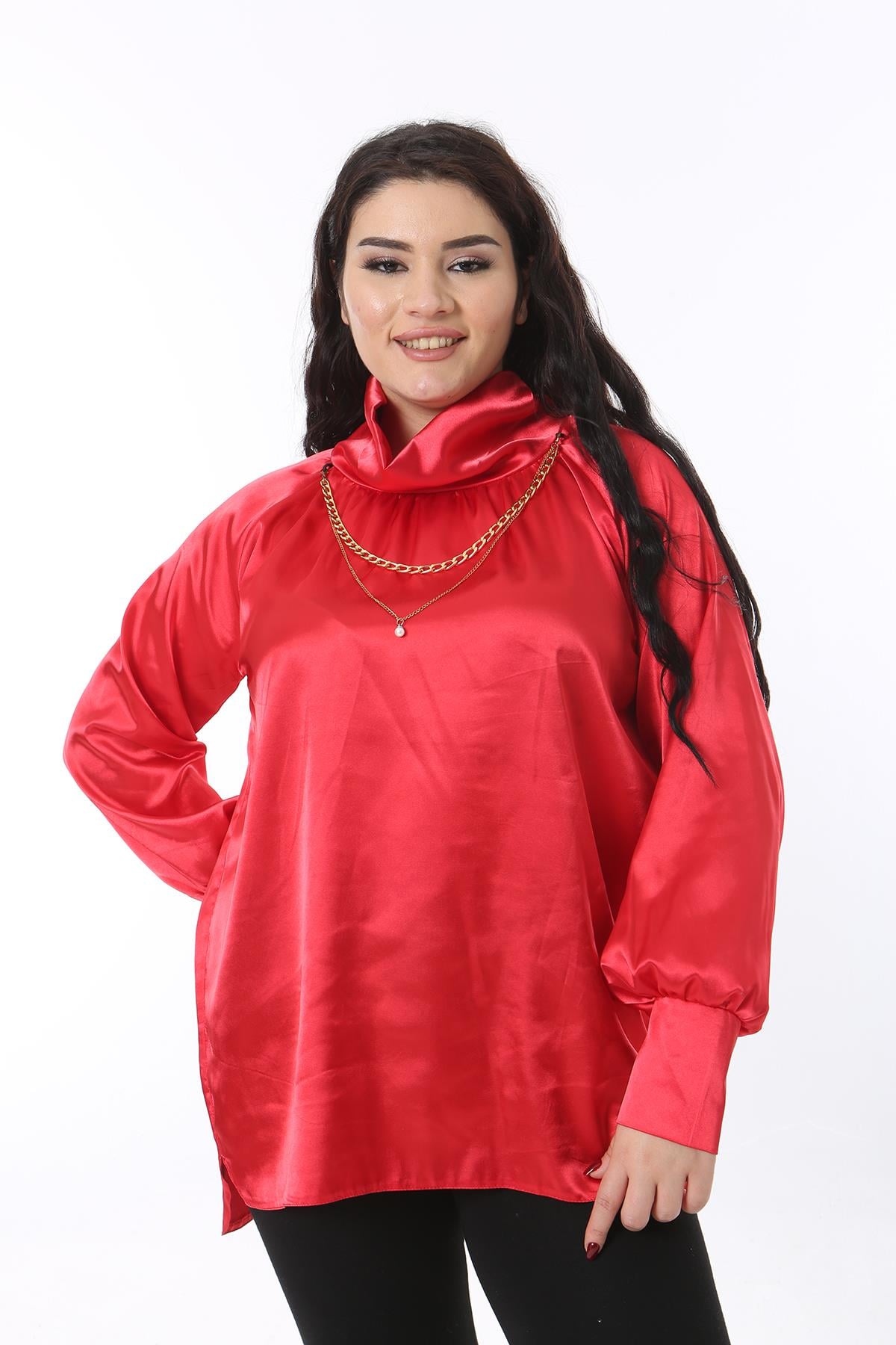 Kadın Büyük Beden Kırmızı Yaka Detaylı Saten Bluz 65N38706
