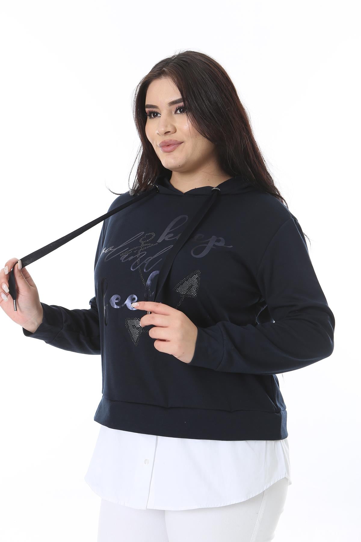 Kadın Büyük Beden Lacivert Alt Kısmı Çıkarılabilir Gömlek Görünümlü Sweatshirt 65N38629