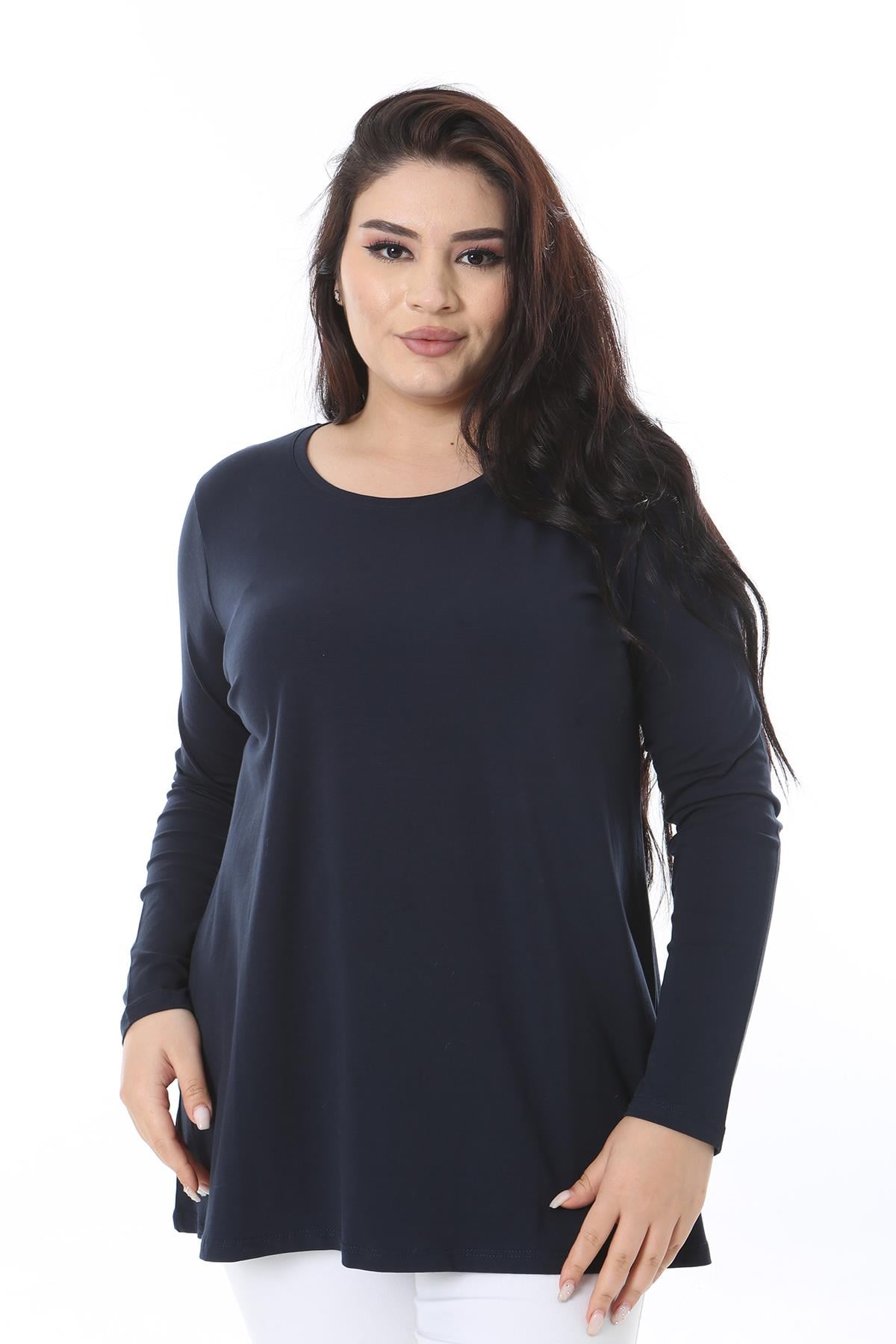 Kadın Büyük Beden Lacivert Bisiklet Yakalı Sweatshirt 65N38539