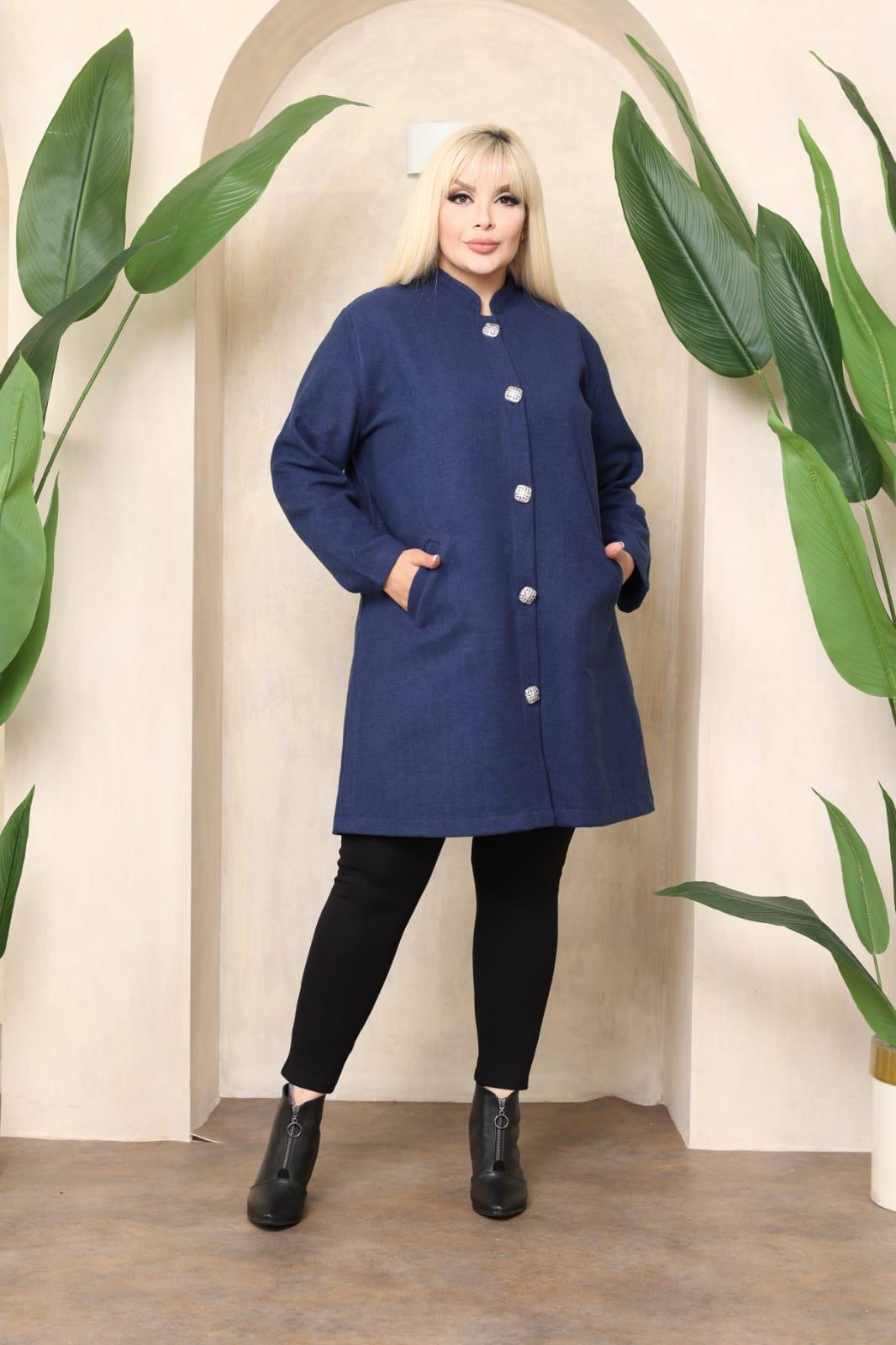 Kadın Büyük Beden Lacivert Cepli Astarsız Kaşe Kaban 65N38346