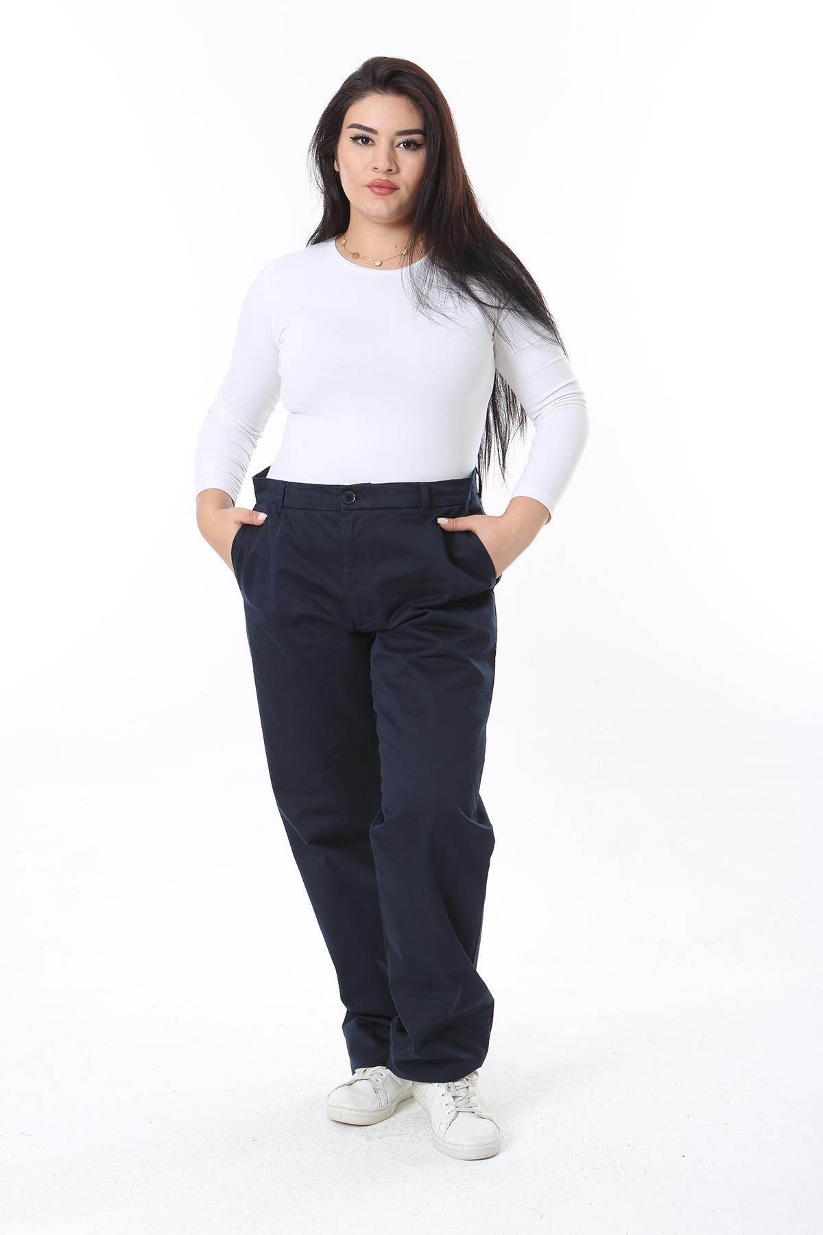 Kadın Büyük Beden Lacivert Gabardin Kumaş Yan Cepli Pantolon 65N38410