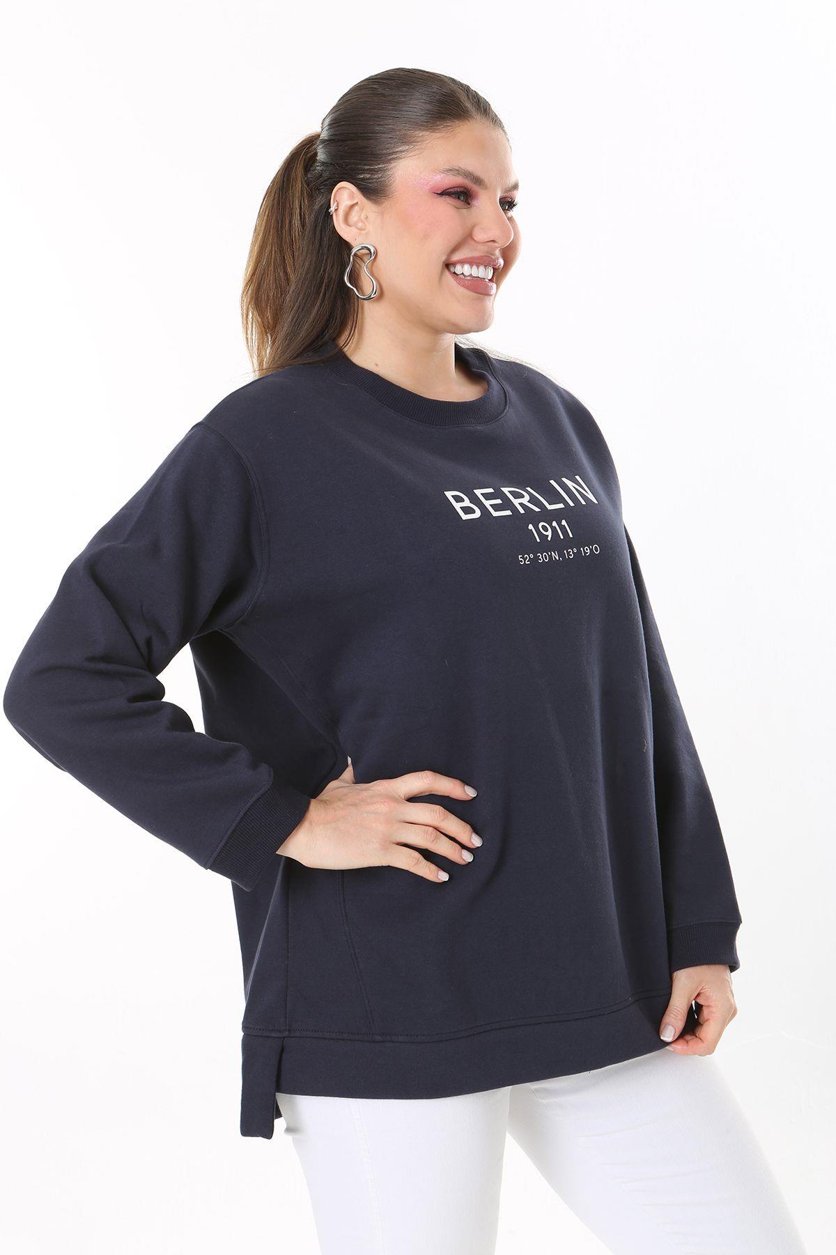 Kadın Büyük Beden Lacivert İçi Şardonlu Yırtmaçlı Sweatshirt 65N37716