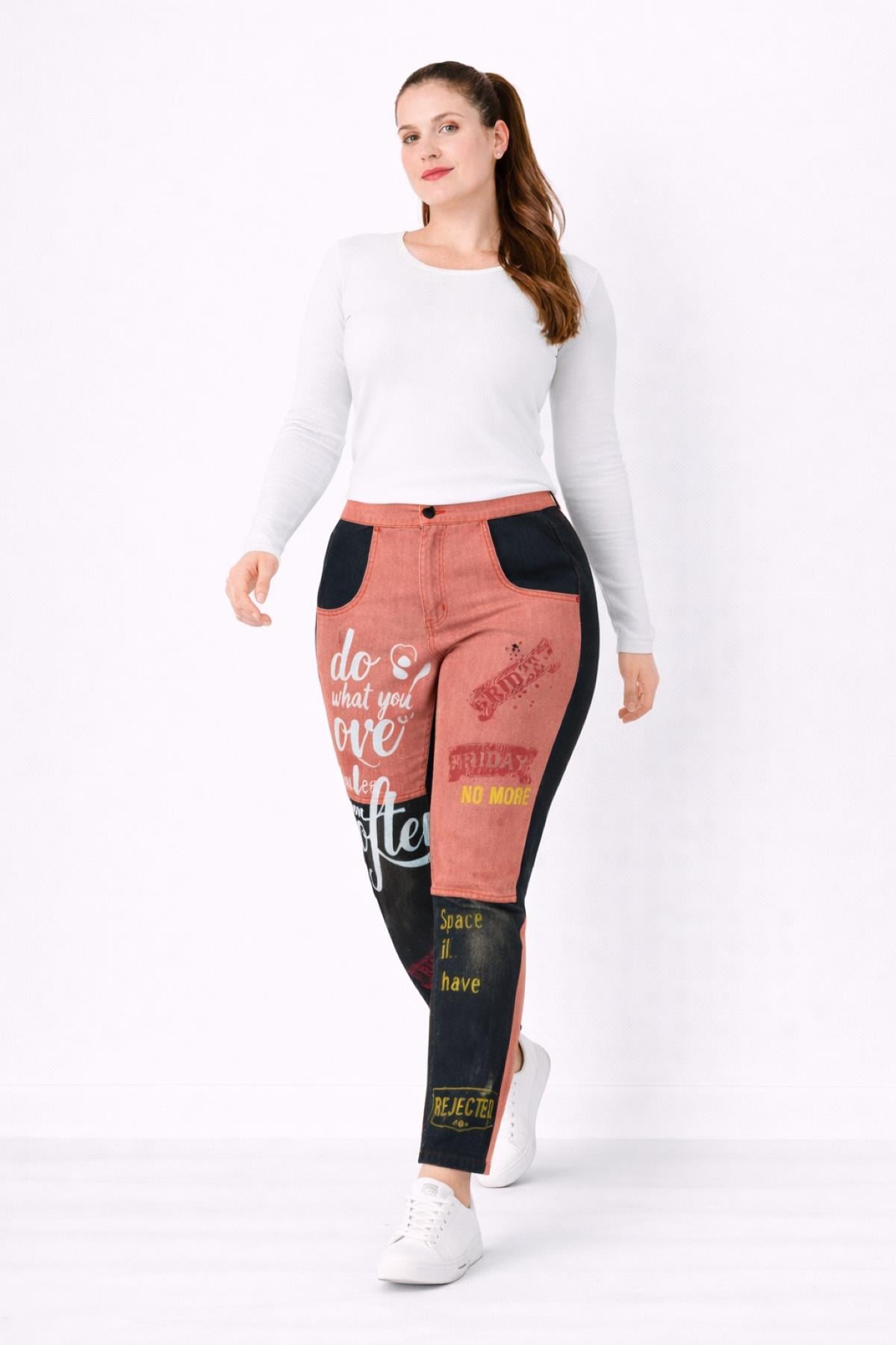 Kadın Büyük Beden Lacivert-Kiremit, Renk Ve Baskı Detaylı, Patchwork Pantolon 65N39338