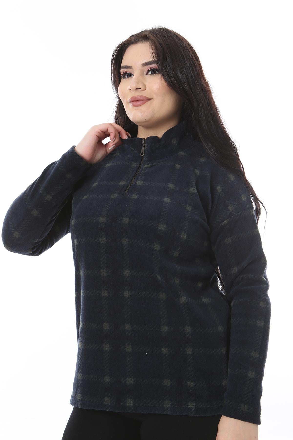 Kadın Büyük Beden Lacivert Pat Fermuarlı Polar Sweatshirt 65N38519